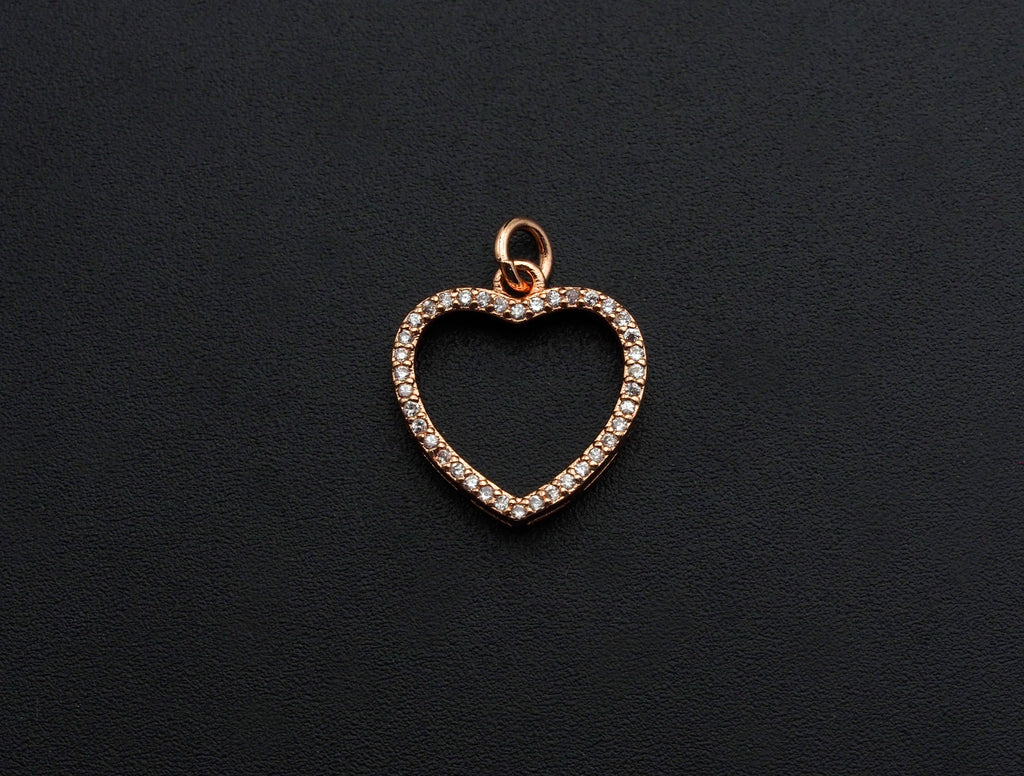 Clear CZ Micro Pave Open Heart Shape Pendant/Charm, Heart Cubic Zirconia Pendant, Silver/Gold/Rose Gold Tone,15x21mm,Sku#FH19