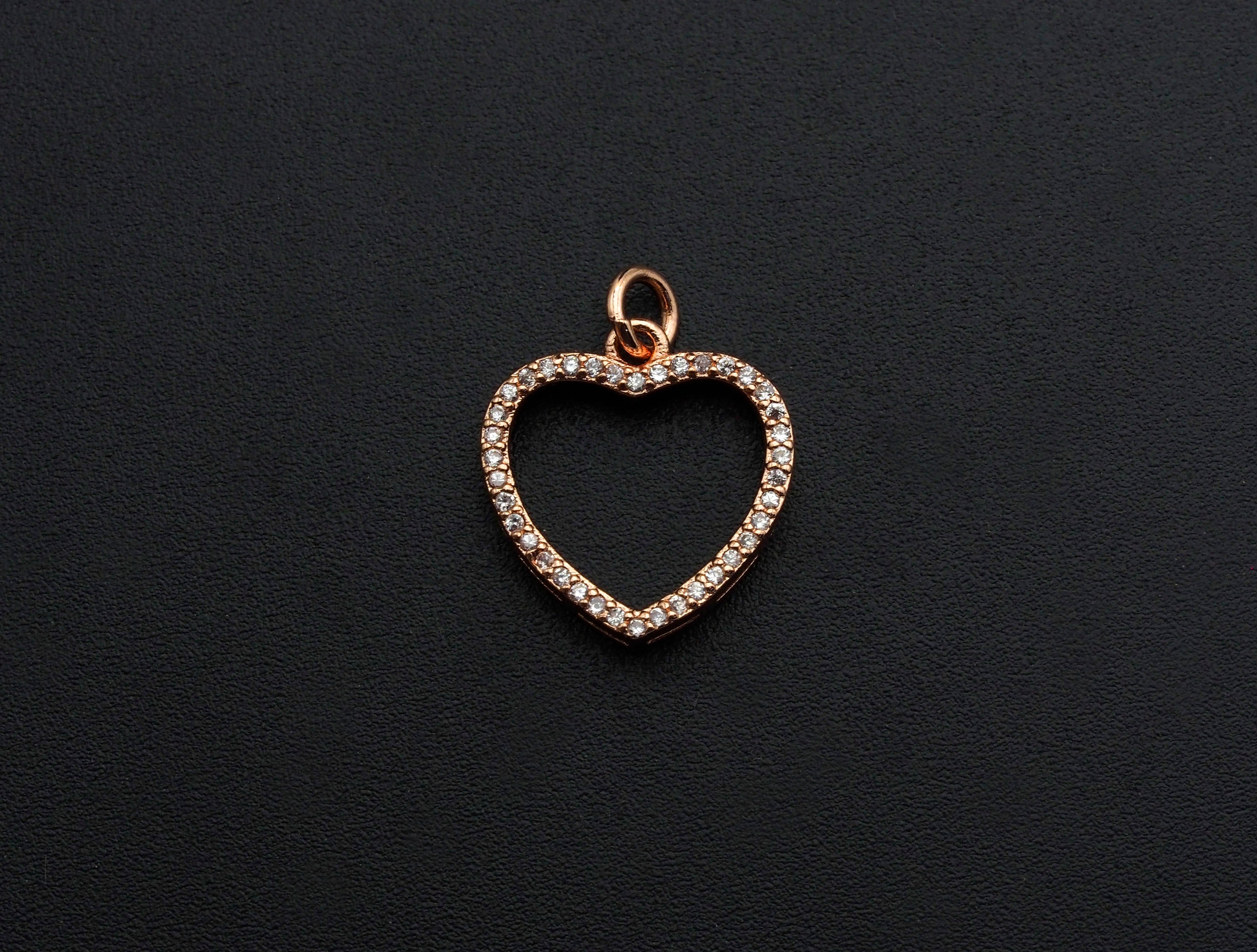 Clear CZ Micro Pave Open Heart Shape Pendant/Charm, Heart Cubic Zirconia Pendant, Silver/Gold/Rose Gold Tone,15x21mm,Sku#FH19