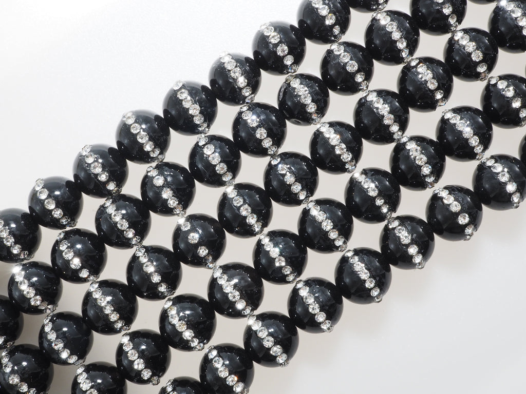 6mm/8mm/10mm/12mm Round Black Onyx with rhinestone inlaid, Natural Gemstone Beads, 15.5inch Full strand, SKU#V18