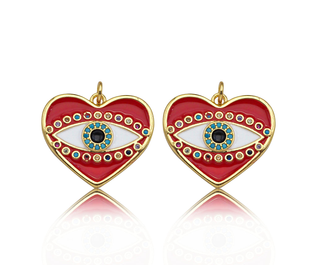 Gold Filled White Enamel Evil Eye On Red Enamel Heart Pendant,CZ Micro Pave 18K Gold Filled Enamel Charm, Enamel Jewelry, 24x21mm,Sku#Y457
