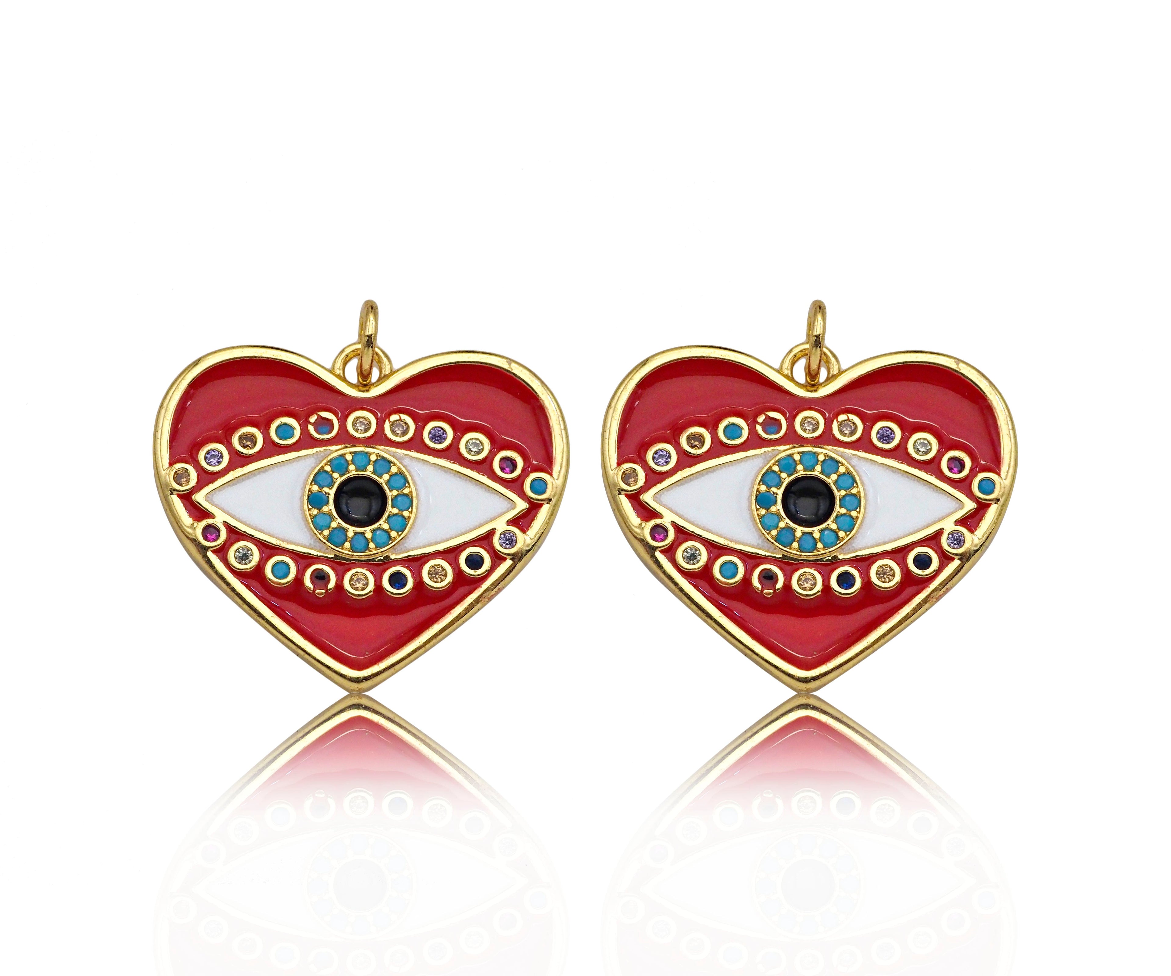 Gold Filled White Enamel Evil Eye On Red Enamel Heart Pendant,CZ Micro Pave 18K Gold Filled Enamel Charm, Enamel Jewelry, 24x21mm,Sku#Y457