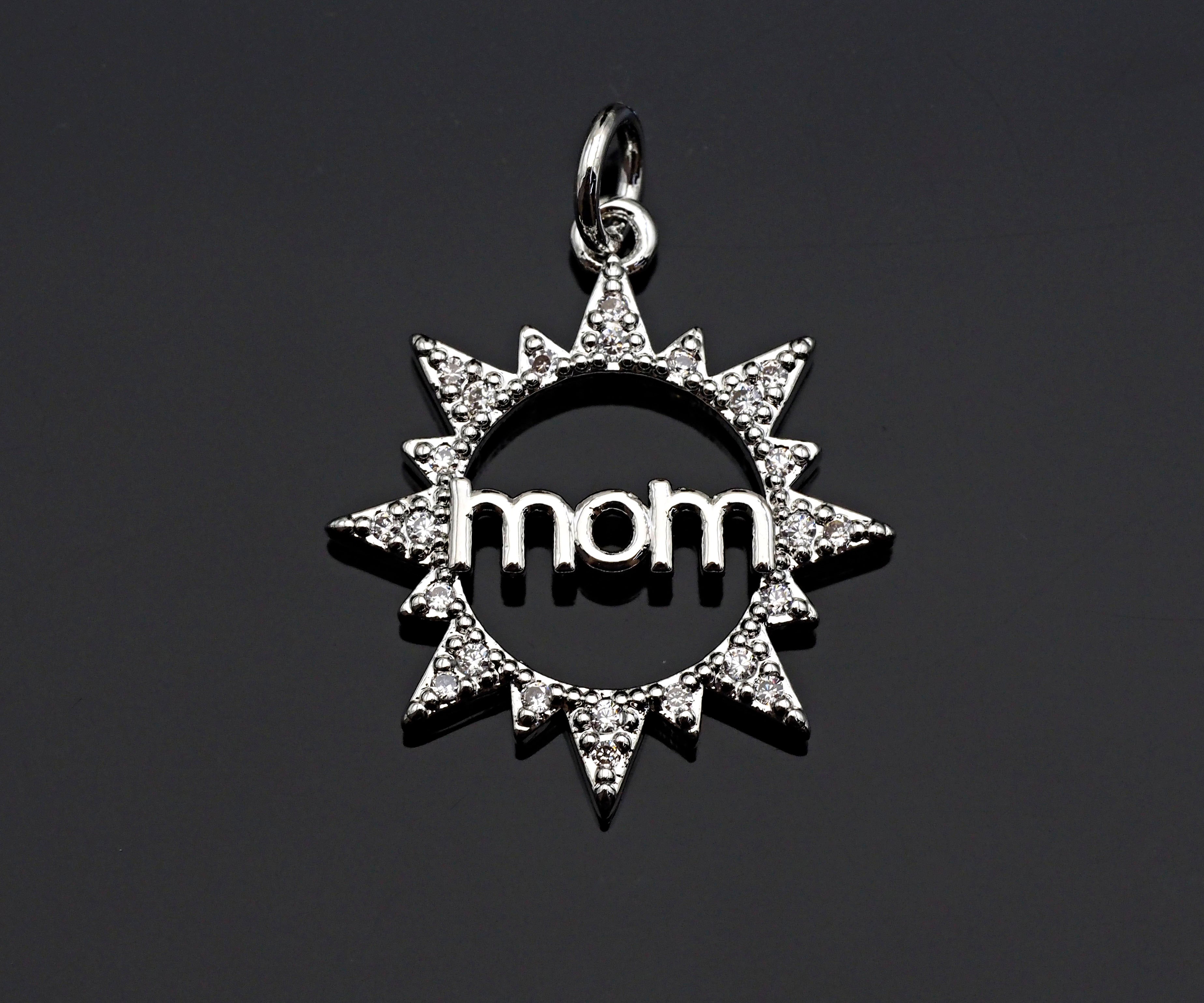 CZ Micro Pave Mom On Sunflower Round Ring Pendant/Charm,Cubic Zirconia Paved Charm, Necklace Bracelet Charm Pendant,19x21mm, sku#L376