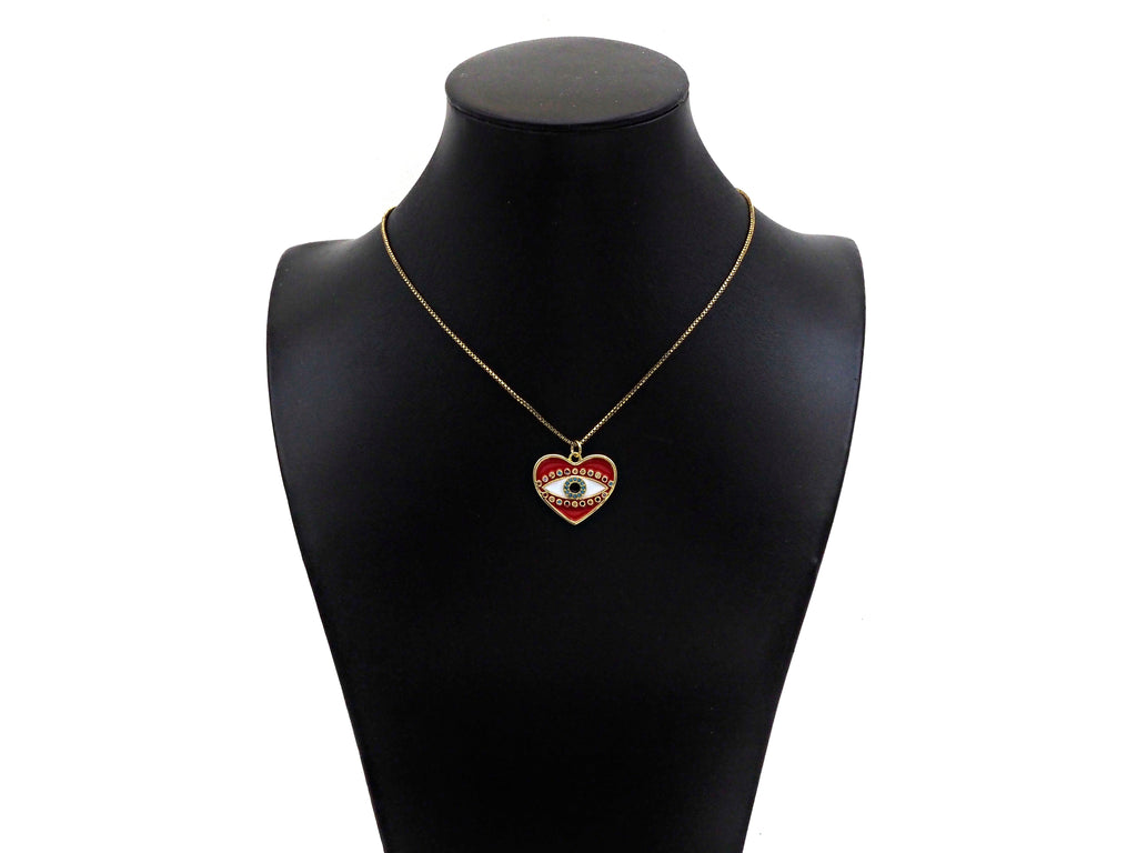 Gold Filled White Enamel Evil Eye On Red Enamel Heart Pendant,CZ Micro Pave 18K Gold Filled Enamel Charm, Enamel Jewelry, 24x21mm,Sku#Y457