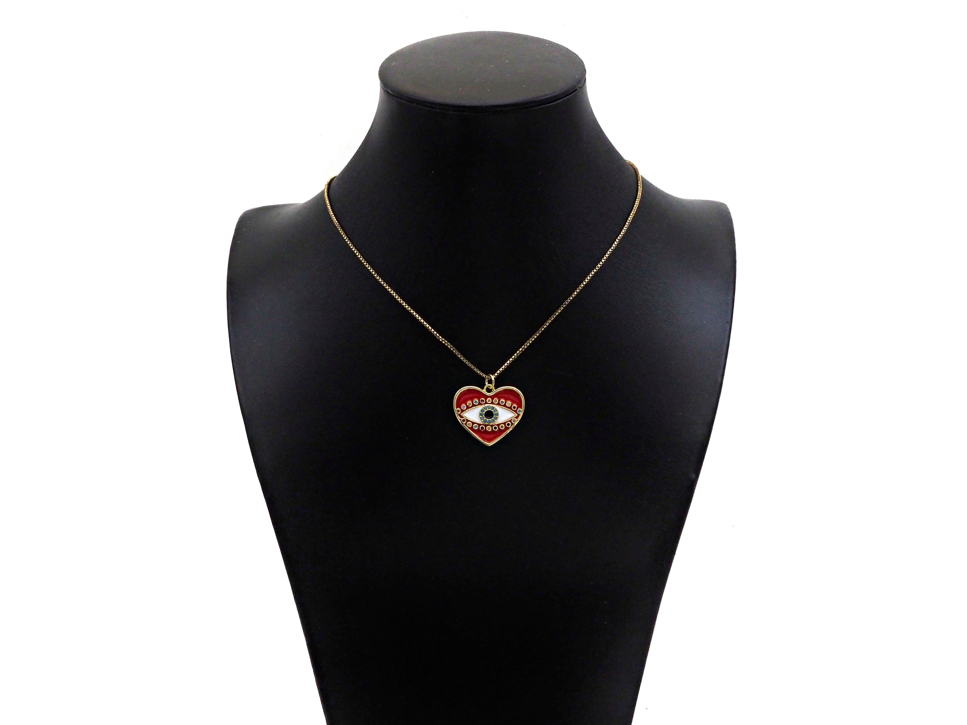 Gold Filled White Enamel Evil Eye On Red Enamel Heart Pendant,CZ Micro Pave 18K Gold Filled Enamel Charm, Enamel Jewelry, 24x21mm,Sku#Y457
