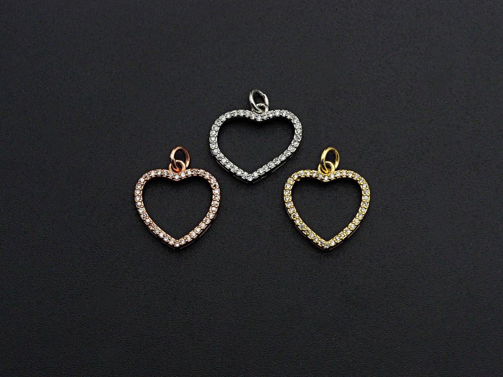 Clear CZ Micro Pave Open Heart Shape Pendant/Charm, Heart Cubic Zirconia Pendant, Silver/Gold/Rose Gold Tone,15x21mm,Sku#FH19