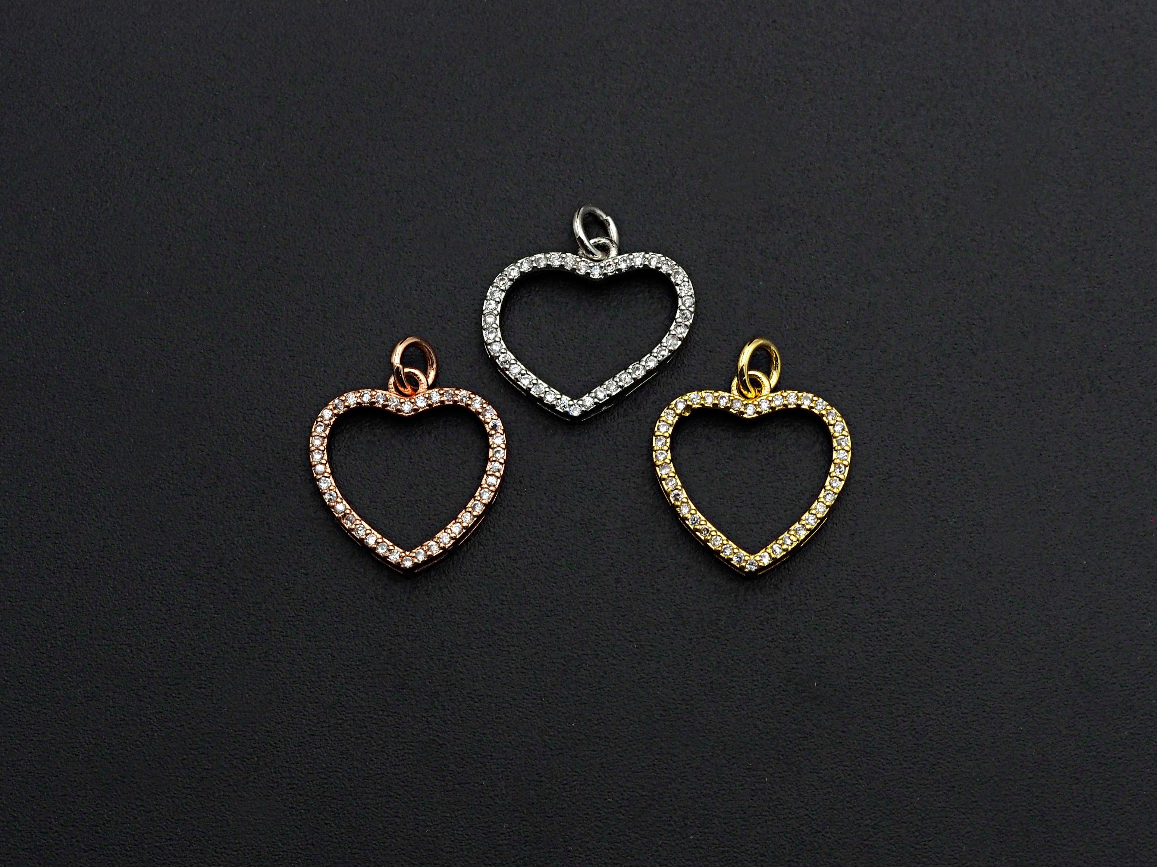 Clear CZ Micro Pave Open Heart Shape Pendant/Charm, Heart Cubic Zirconia Pendant, Silver/Gold/Rose Gold Tone,15x21mm,Sku#FH19