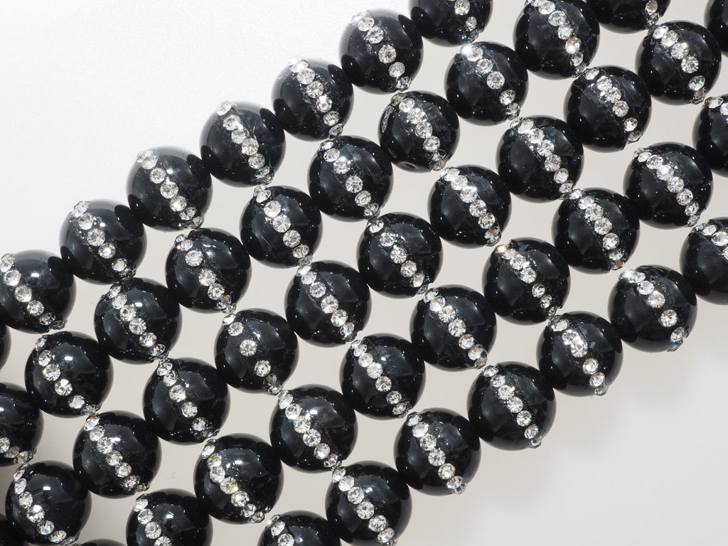 6mm/8mm/10mm/12mm Round Black Onyx with rhinestone inlaid, Natural Gemstone Beads, 15.5inch Full strand, SKU#V18