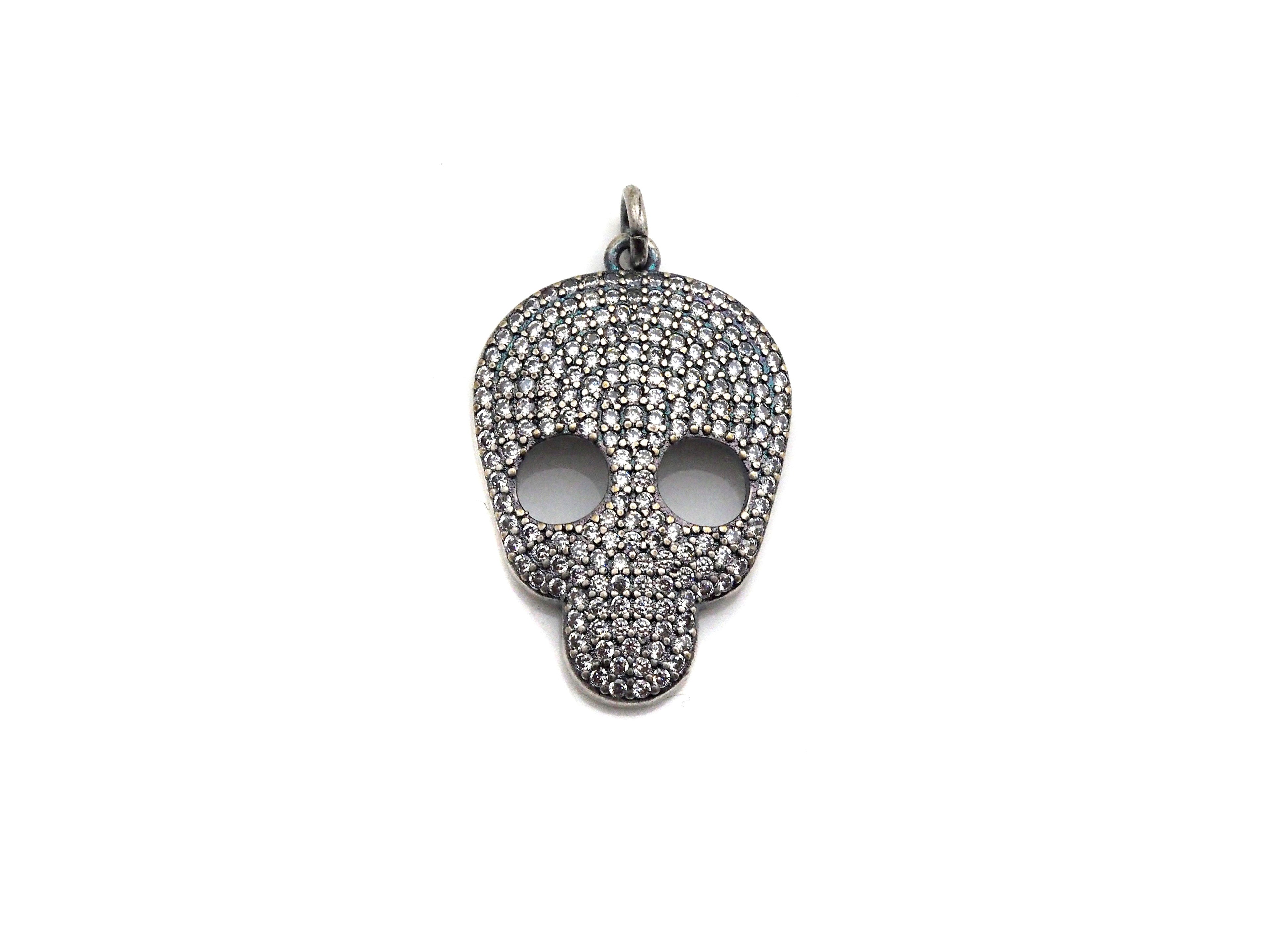 Rhodium CZ Micro Pave Skull Head Pendant, Antique Silver Tone, Cubic Zirconia Pave Skull Pendant,18x31mm,sku#X126