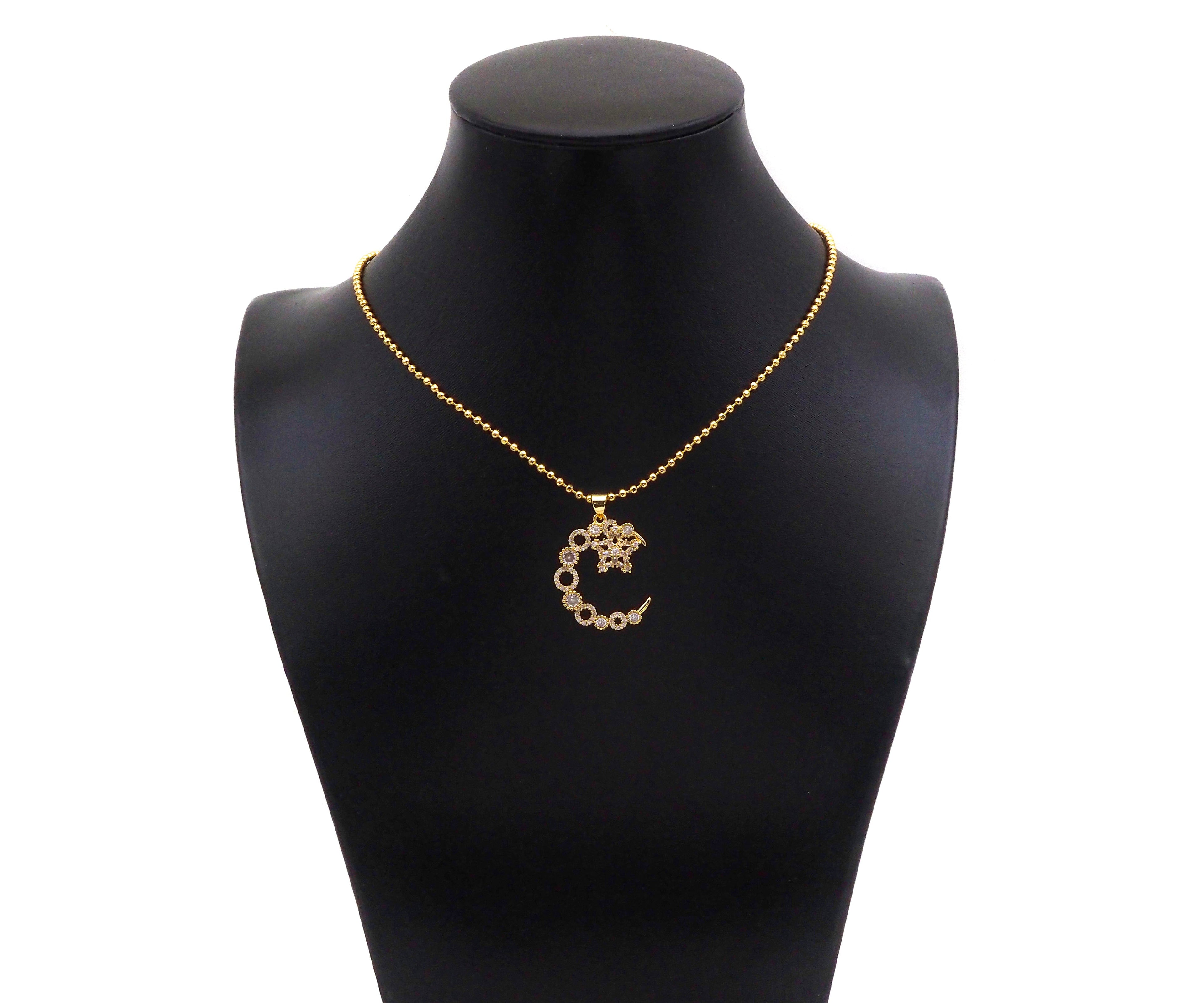 CZ Micro Pave Moon and Five Point Star Shape Pendant, Sku#F1395C