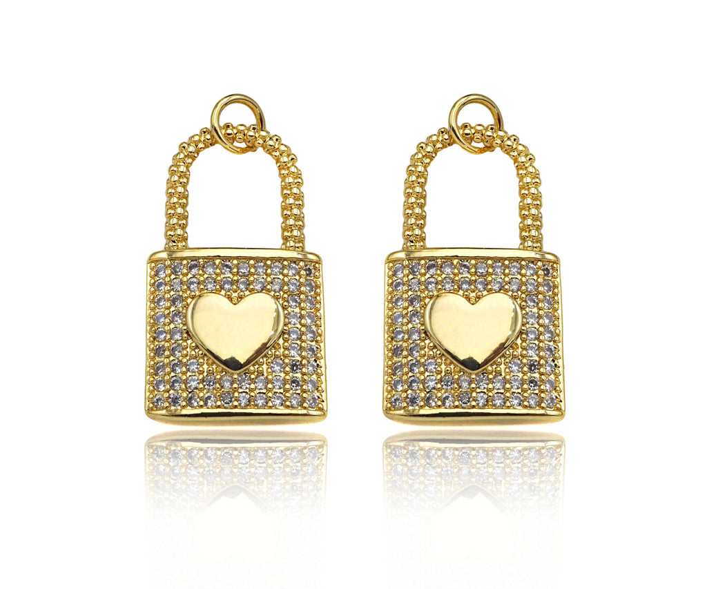 CZ Micro Pave Heart On Lock Shape Pendant/Charm,18K Gold Fil
