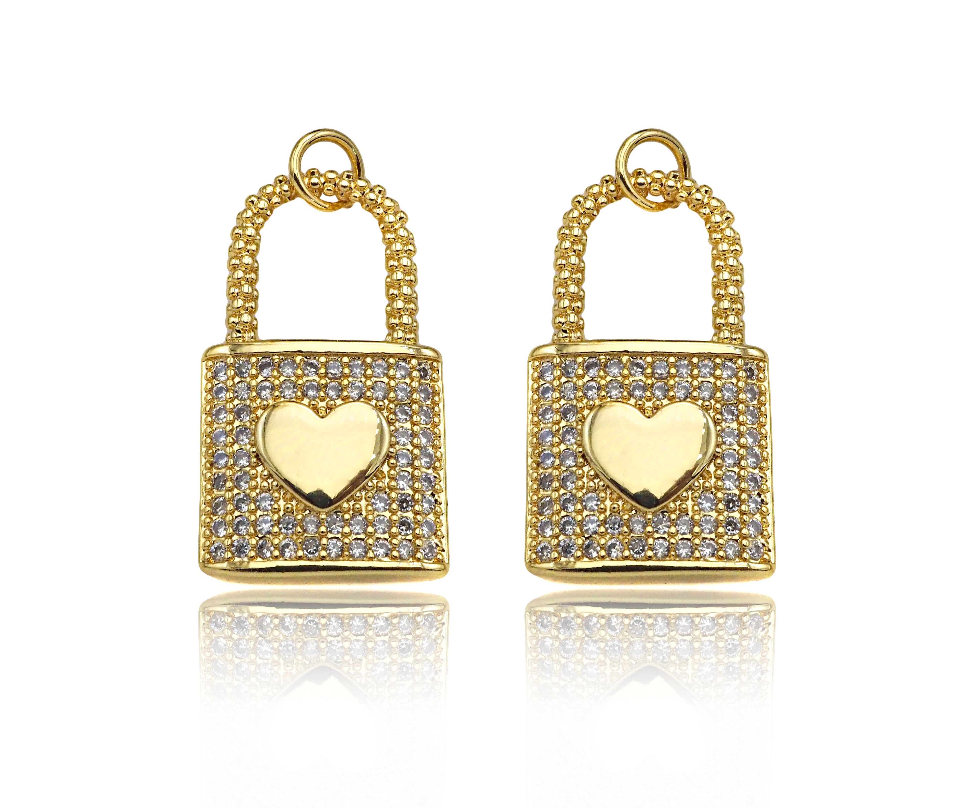 CZ Micro Pave Heart On Lock Shape Pendant/Charm,18K Gold Fil