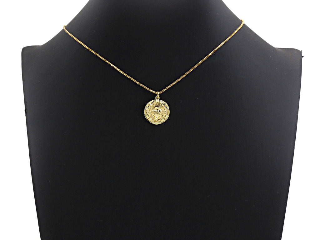 Medallion heart Pendant, Embossment Disc Pendant, Cubic Zirconia Pendant, Gold Tone, 18x20mm, Sku#Z692