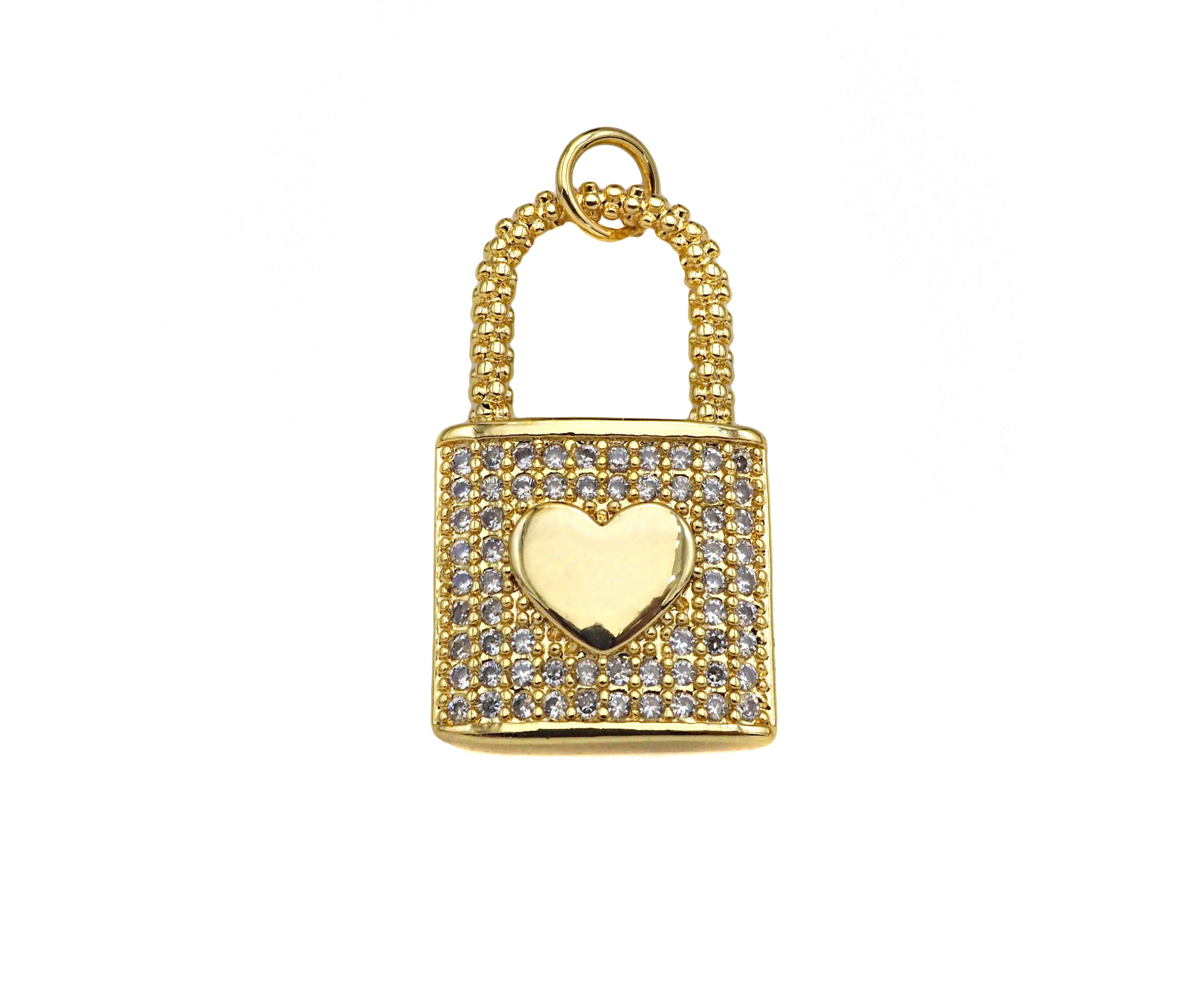 CZ Micro Pave Heart On Lock Shape Pendant/Charm,18K Gold Fil