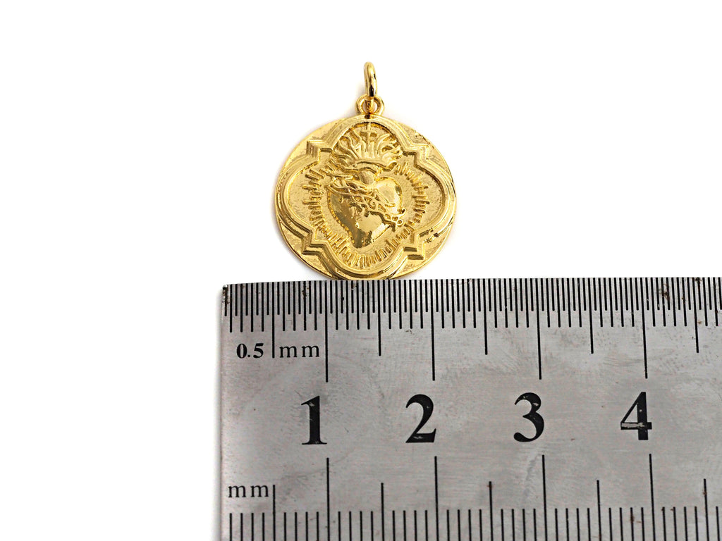 Medallion heart Pendant, Embossment Disc Pendant, Cubic Zirconia Pendant, Gold Tone, 18x20mm, Sku#Z692