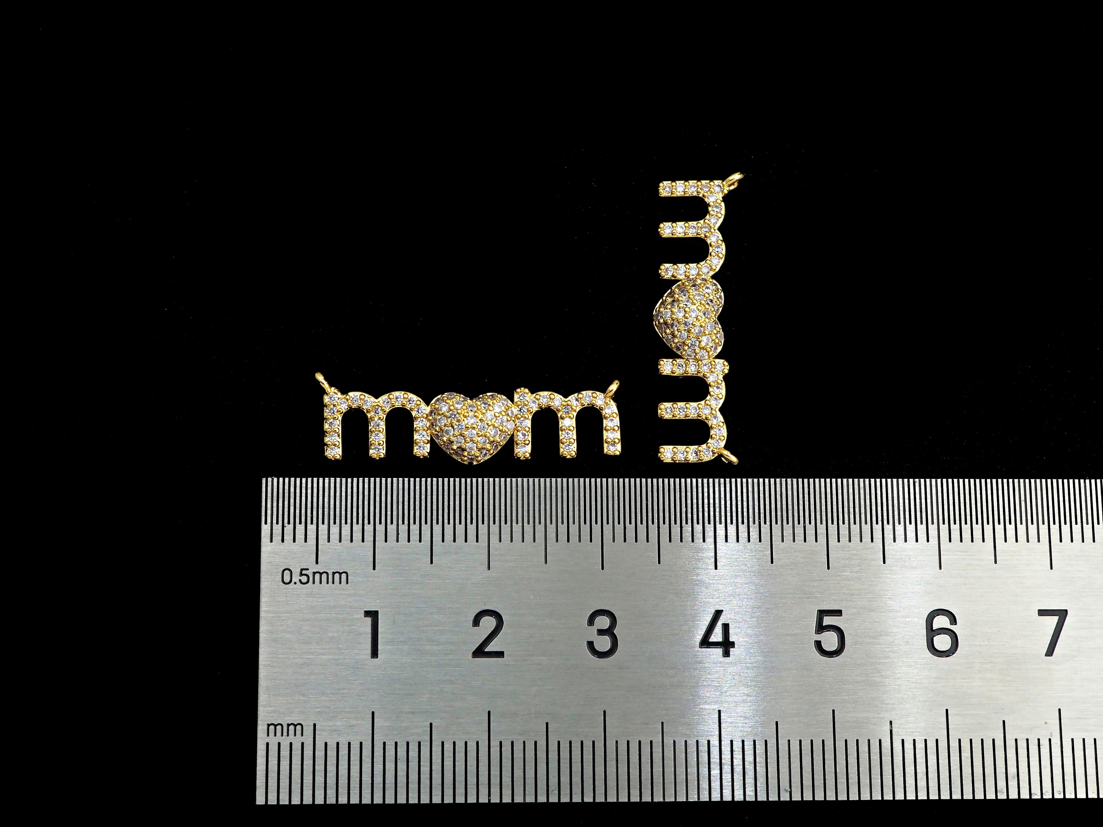 CZ Micro Pave Mom Alphabet With Heart Pendant/Charm,Cubic Zirconia Paved Charm, Necklace Bracelet Charm Pendant, 8x28mm,sku#F1132