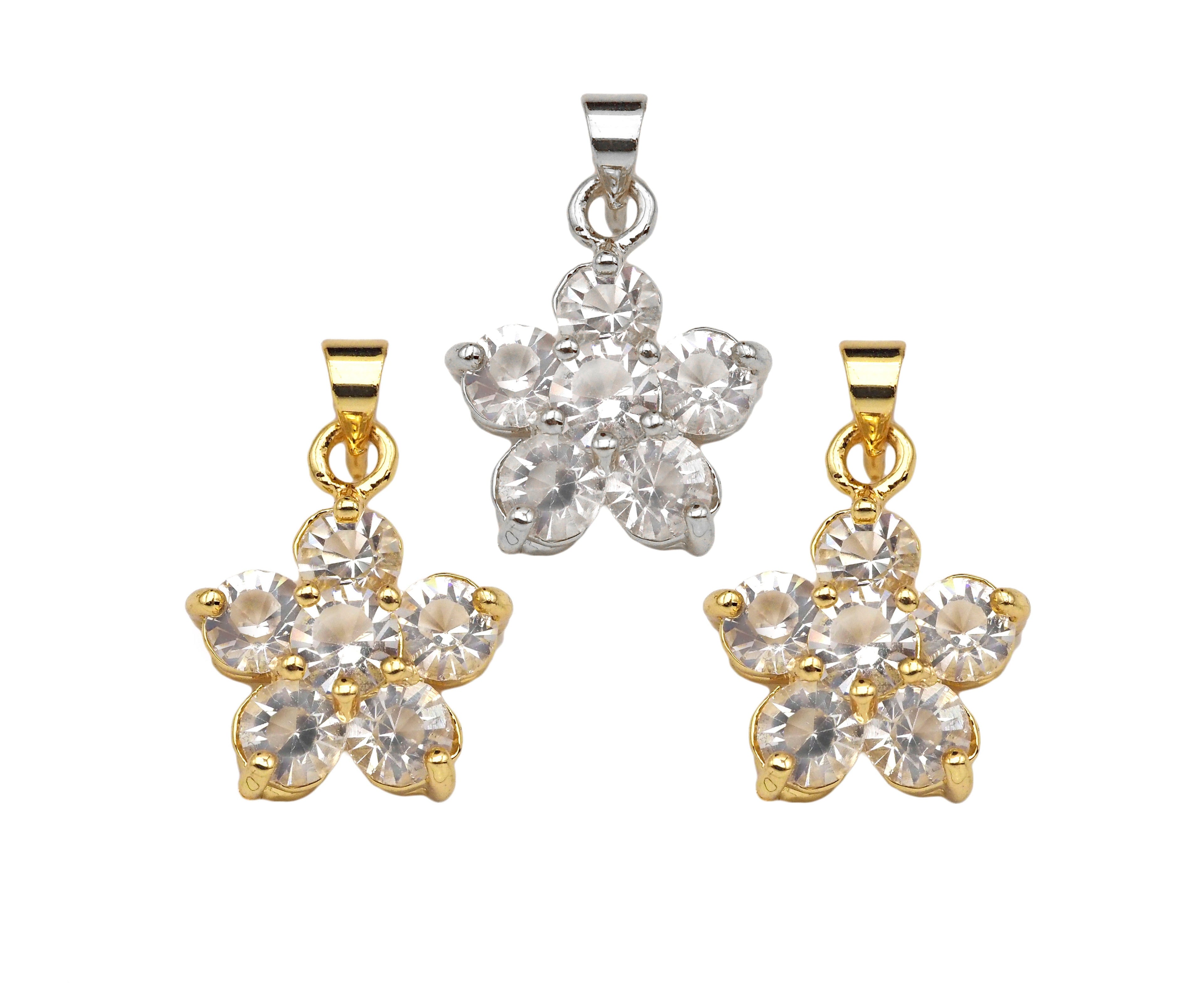 CZ Micro Pave Flower Shape Pendant,Cubic ZirconiaGold/silver Charm, Necklace Bracelet Charm Pendant, 14x18mm, Sku#F1396