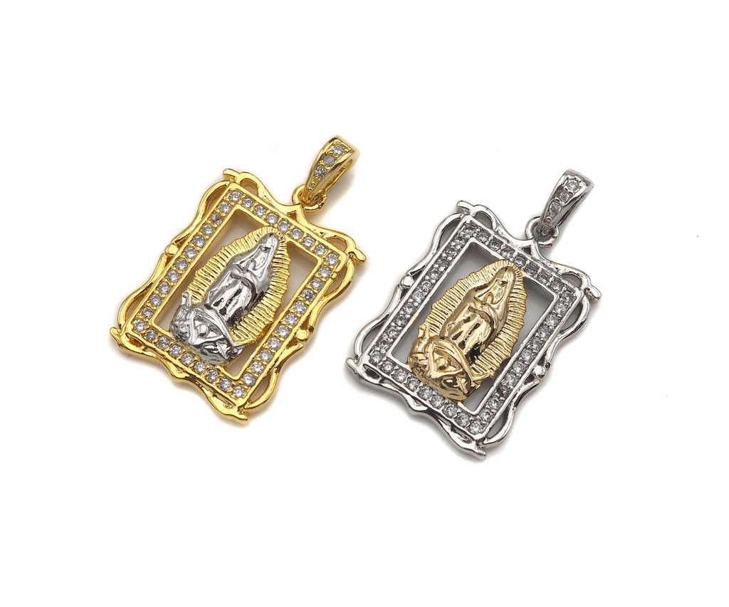 CZ Micro Pave Virgin Mary On European Rectangular Frame Charms, Dural Color Pendant,Sku#F1275C