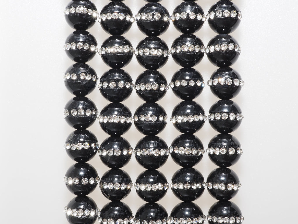 6mm/8mm/10mm/12mm Round Black Onyx with rhinestone inlaid, Natural Gemstone Beads, 15.5inch Full strand, SKU#V18