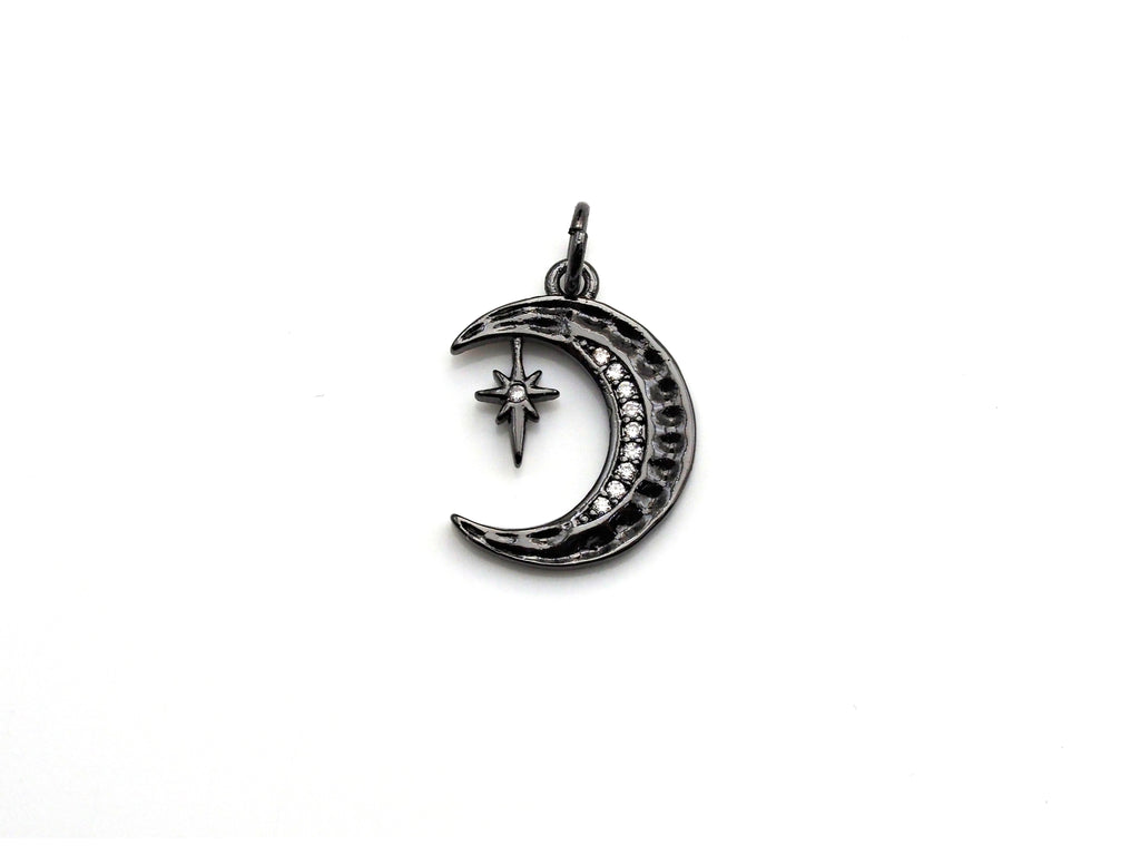 CZ Micro Pave Moon with North Star Pendant, Cubic Zirconia Pave Pendant/Charm, Necklace Pave Pendant, 13x17mm, sku#Z829