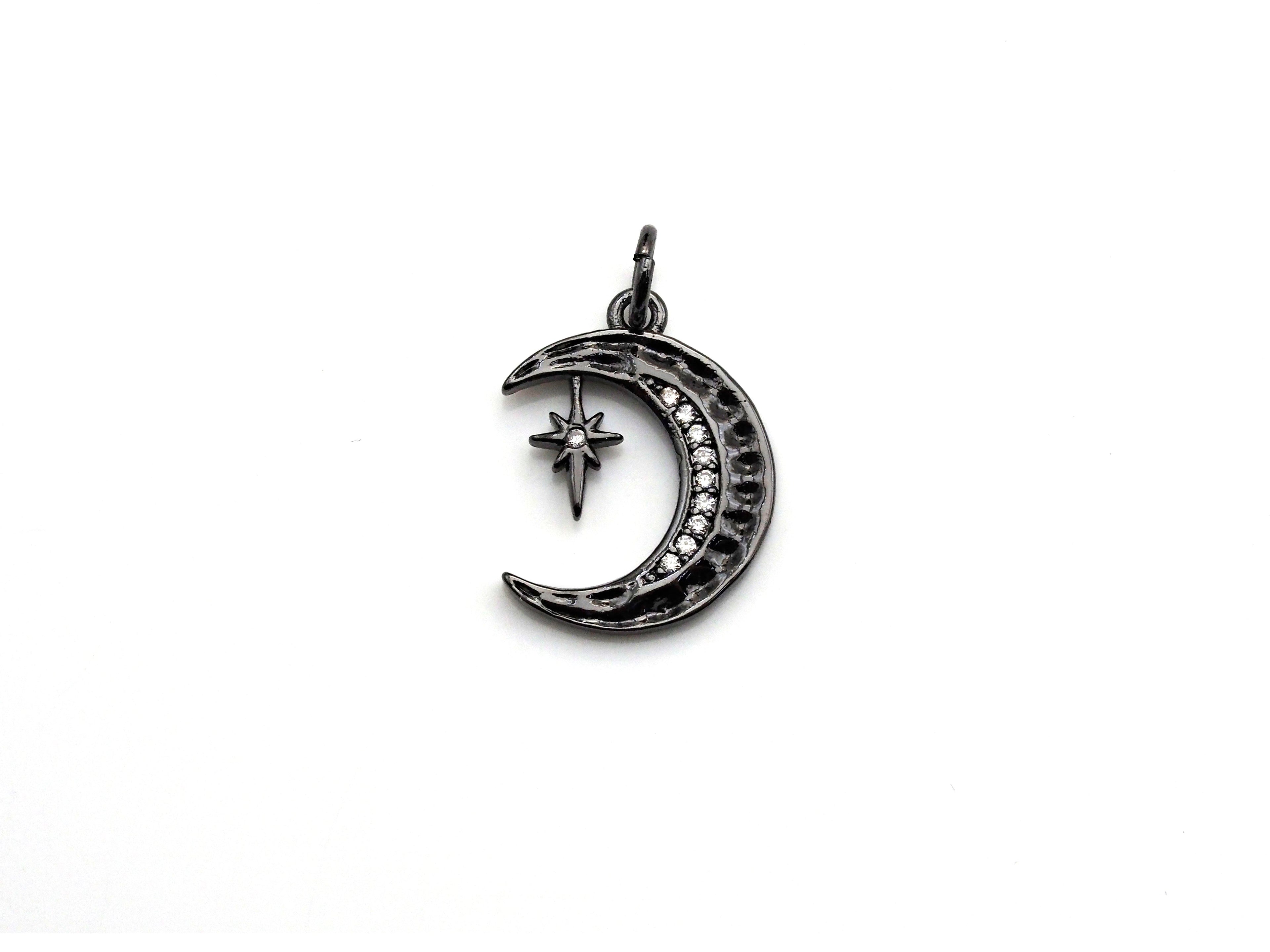 CZ Micro Pave Moon with North Star Pendant, Cubic Zirconia Pave Pendant/Charm, Necklace Pave Pendant, 13x17mm, sku#Z829