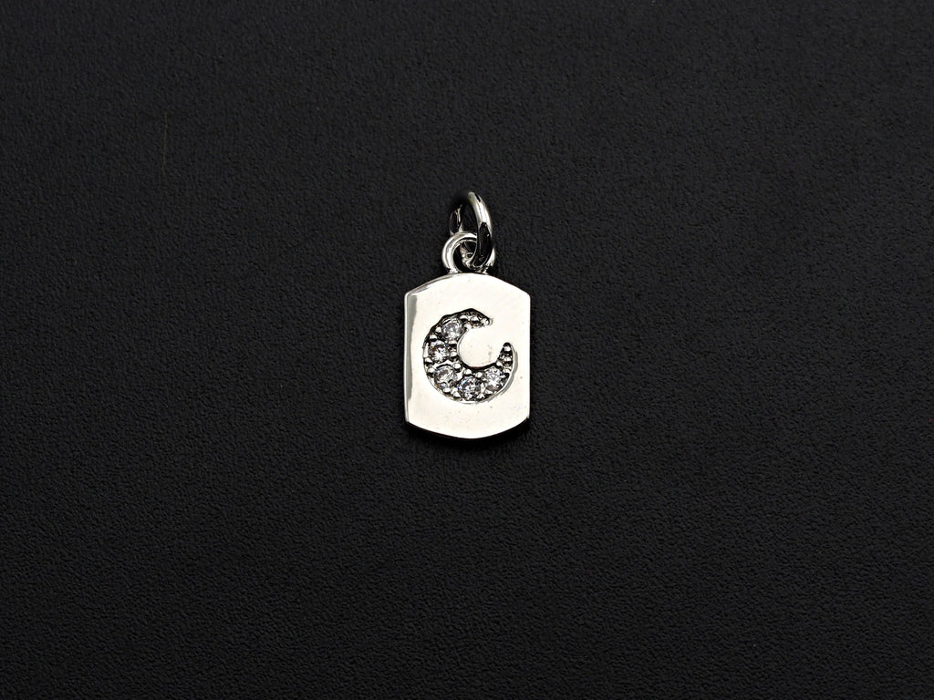 Clear CZ Micro Pave Moon Tag Pendant/Charm, Cresent Moon Cubic Zirconia Pendant, Silver Tone, 8x14mm,Sku#Z799