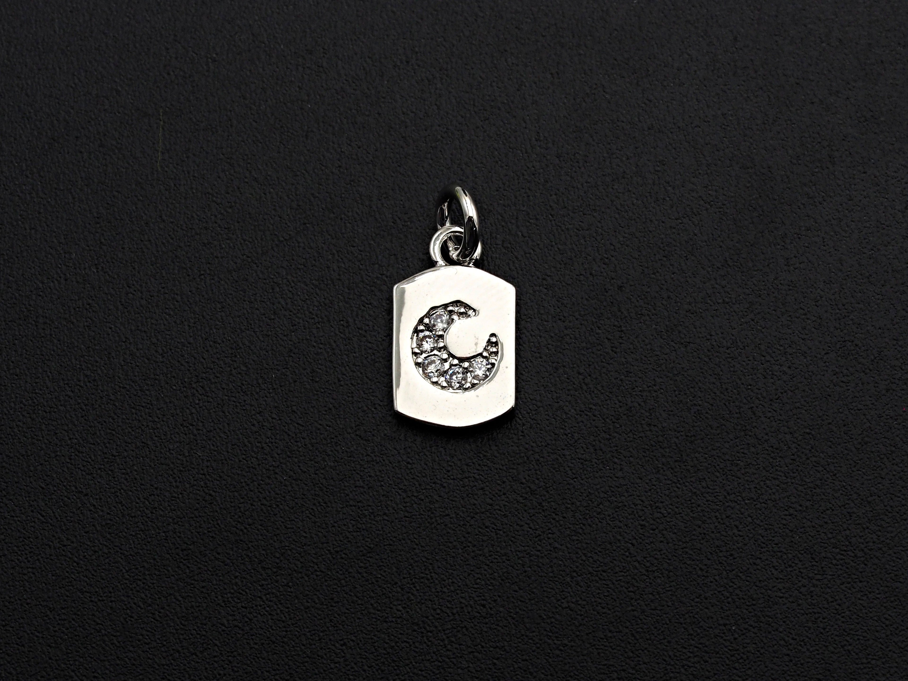 Clear CZ Micro Pave Moon Tag Pendant/Charm, Cresent Moon Cubic Zirconia Pendant, Silver Tone, 8x14mm,Sku#Z799