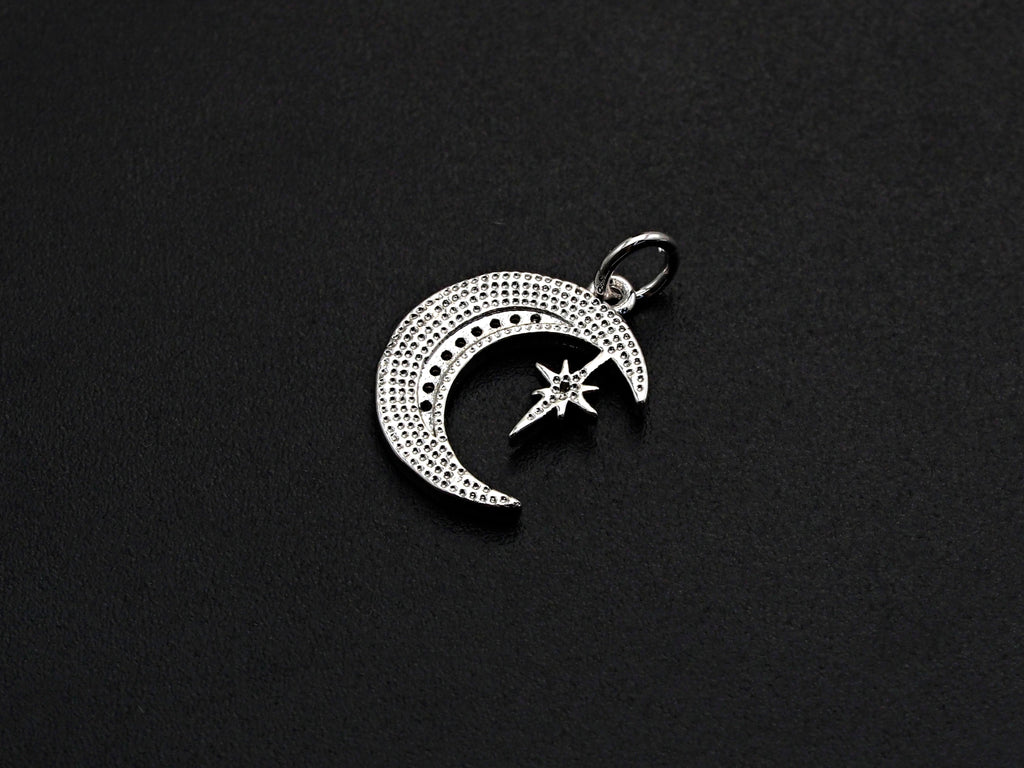 CZ Micro Pave Moon with North Star Pendant, Cubic Zirconia Pave Pendant/Charm, Necklace Pave Pendant, 13x17mm, sku#Z829
