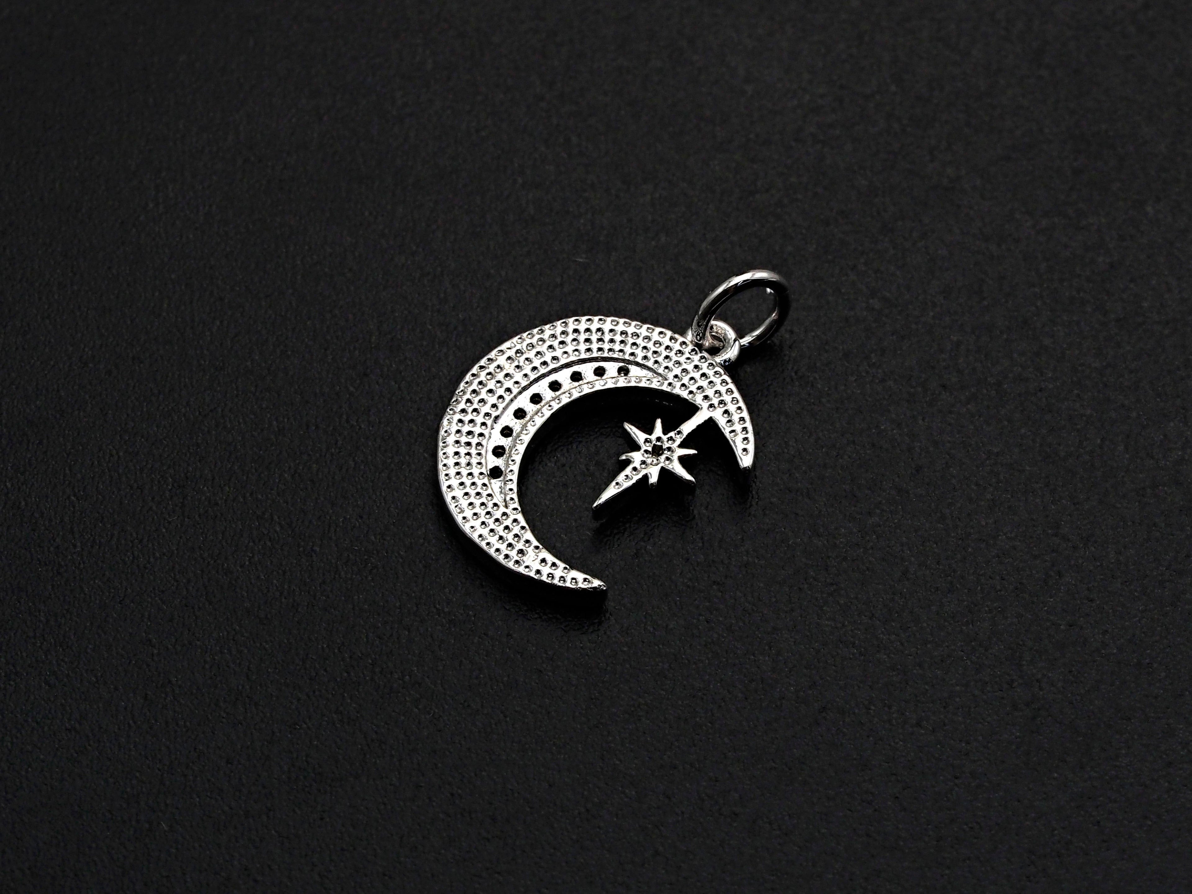 CZ Micro Pave Moon with North Star Pendant, Cubic Zirconia Pave Pendant/Charm, Necklace Pave Pendant, 13x17mm, sku#Z829