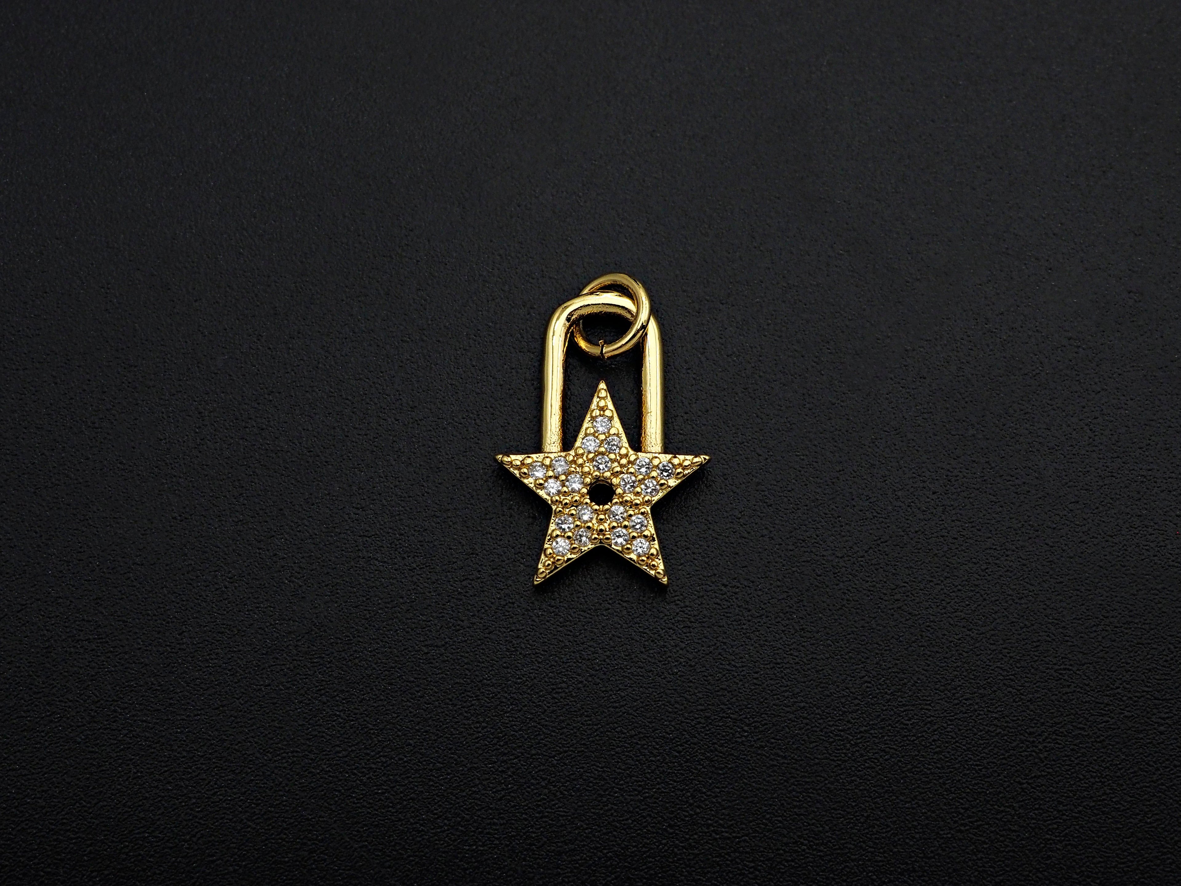 CZ Micro Pave Five Star Lock Pendant Charm, Cubic Zirconia Star Pendant, Gold Tone pendant, 11x16mm, sku#F1104
