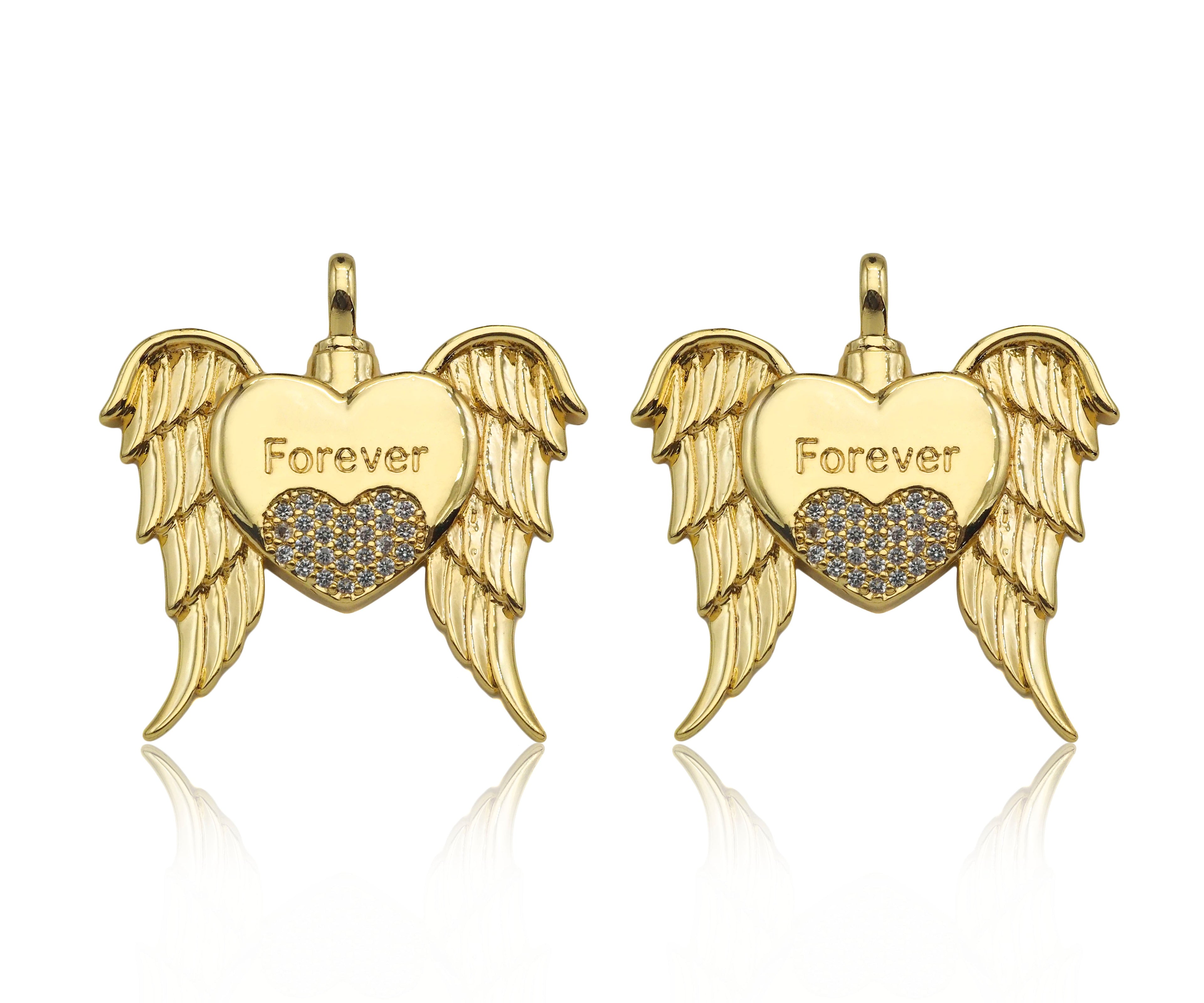 CZ Micro Pave Forever Word On Heart With Wings Shape Pendant, 18K Gold Filled Heart Charm, Necklace Bracelet Charm Pendant,30x31mm,Sku#LD130