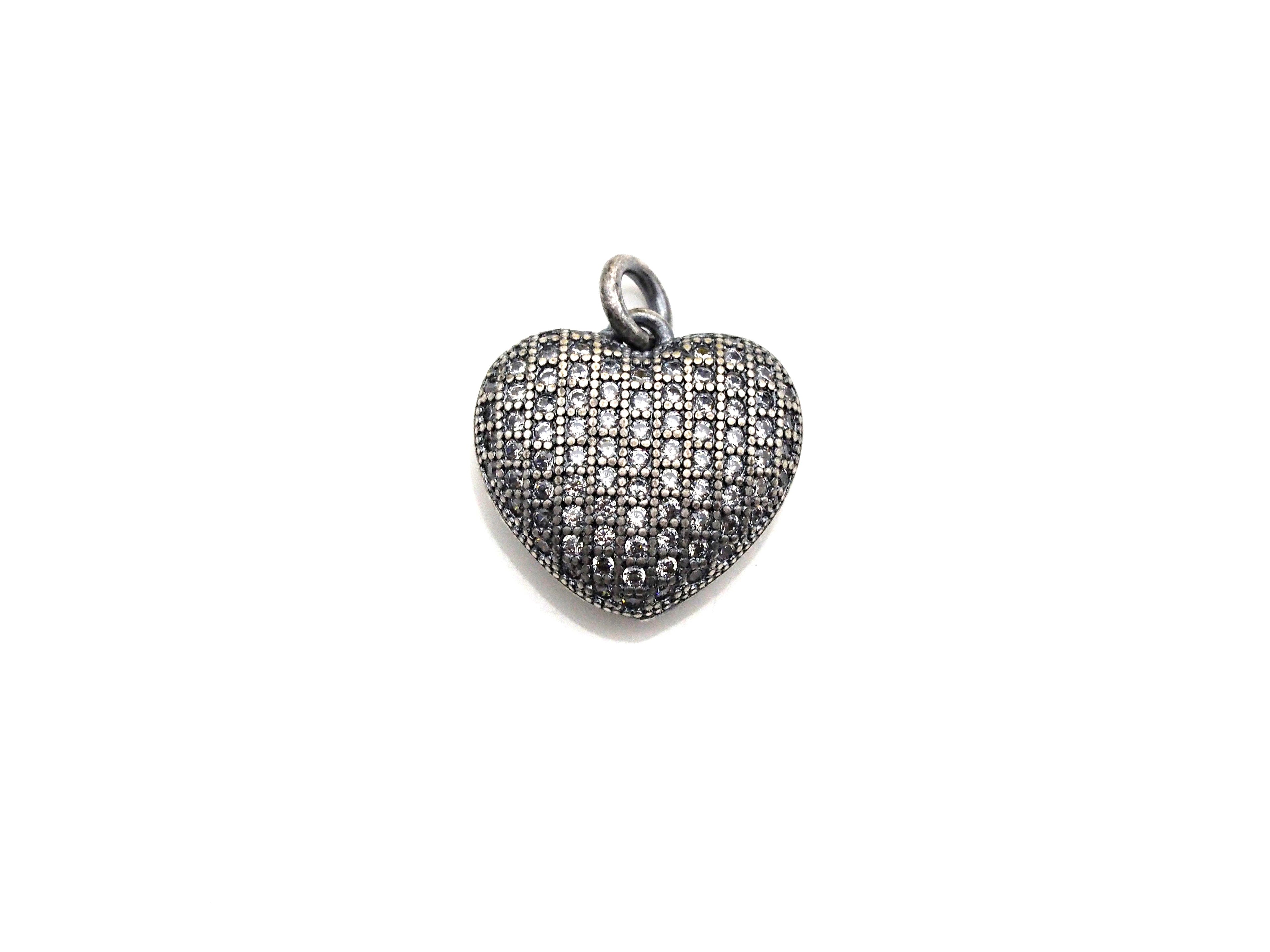 Rhodium CZ Micro Pave Heart Shape Pendant, Antique Silver Tone, Cubic Zirconia Pave Heart Pendant, 15mm,sku#X127