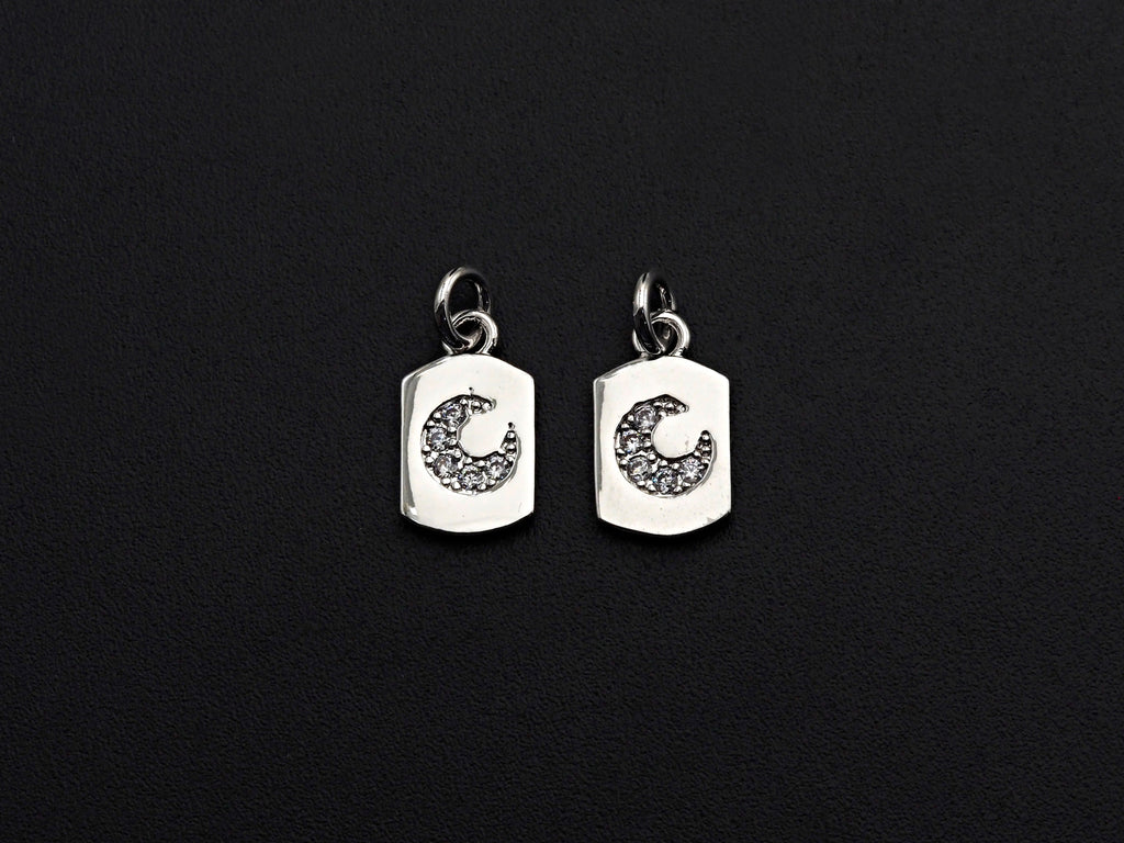 Clear CZ Micro Pave Moon Tag Pendant/Charm, Cresent Moon Cubic Zirconia Pendant, Silver Tone, 8x14mm,Sku#Z799