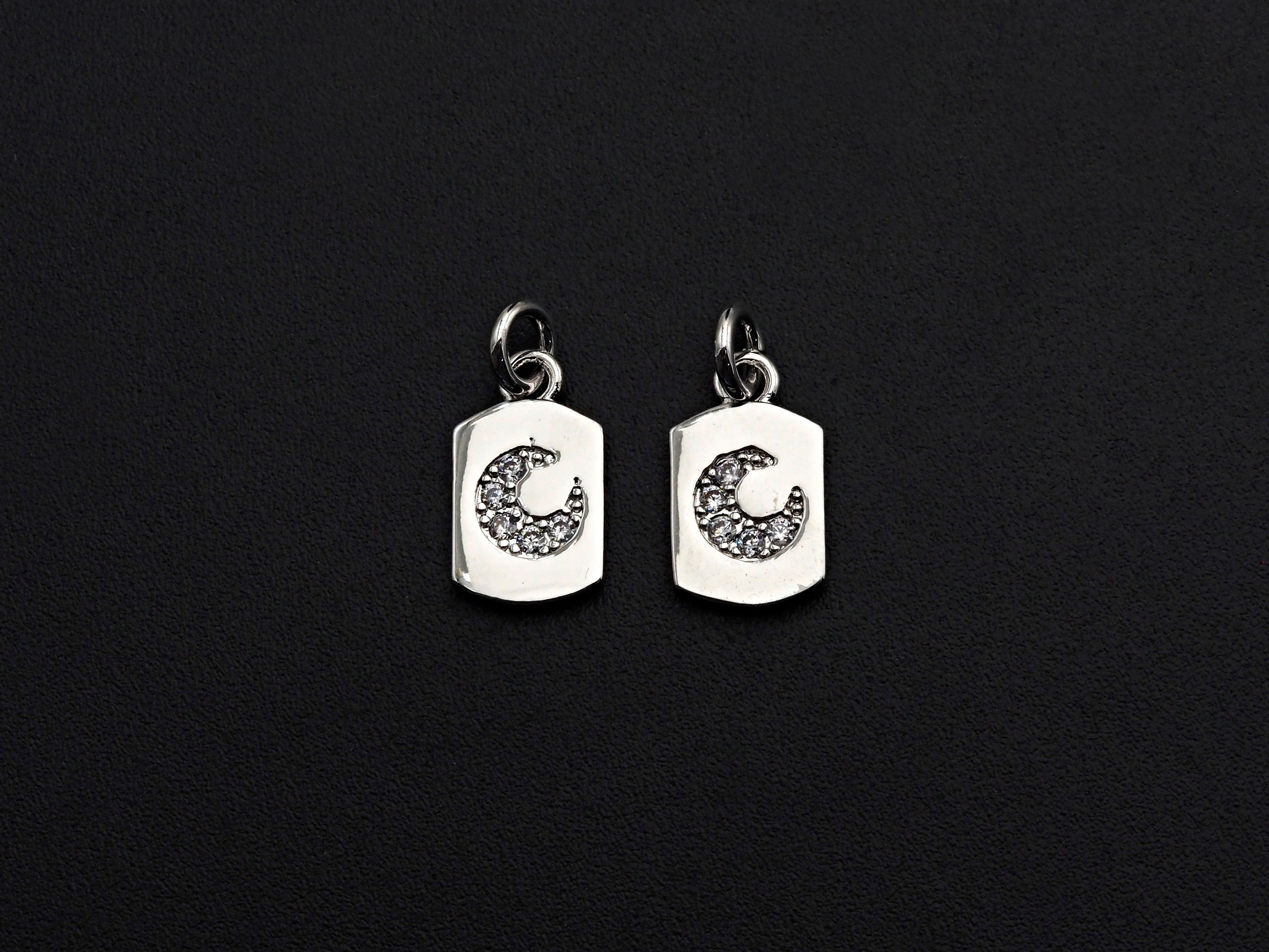 Clear CZ Micro Pave Moon Tag Pendant/Charm, Cresent Moon Cubic Zirconia Pendant, Silver Tone, 8x14mm,Sku#Z799
