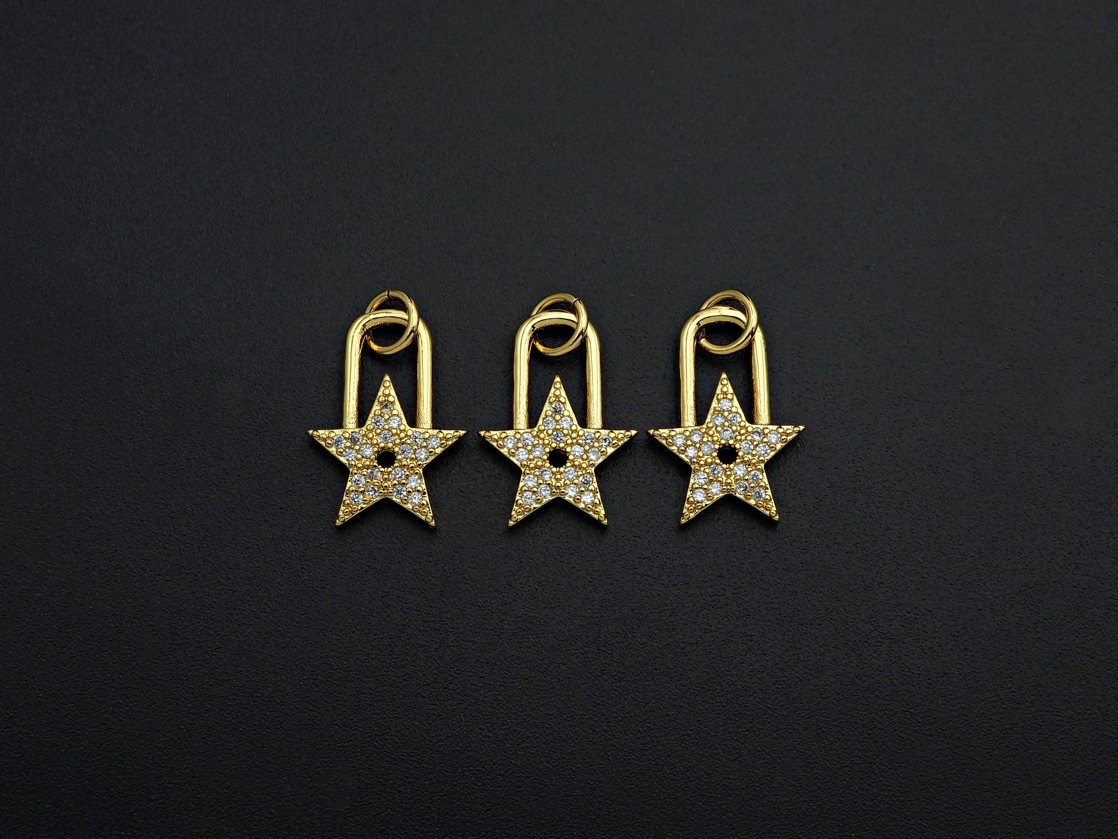 CZ Micro Pave Five Star Lock Pendant Charm, Cubic Zirconia Star Pendant, Gold Tone pendant, 11x16mm, sku#F1104