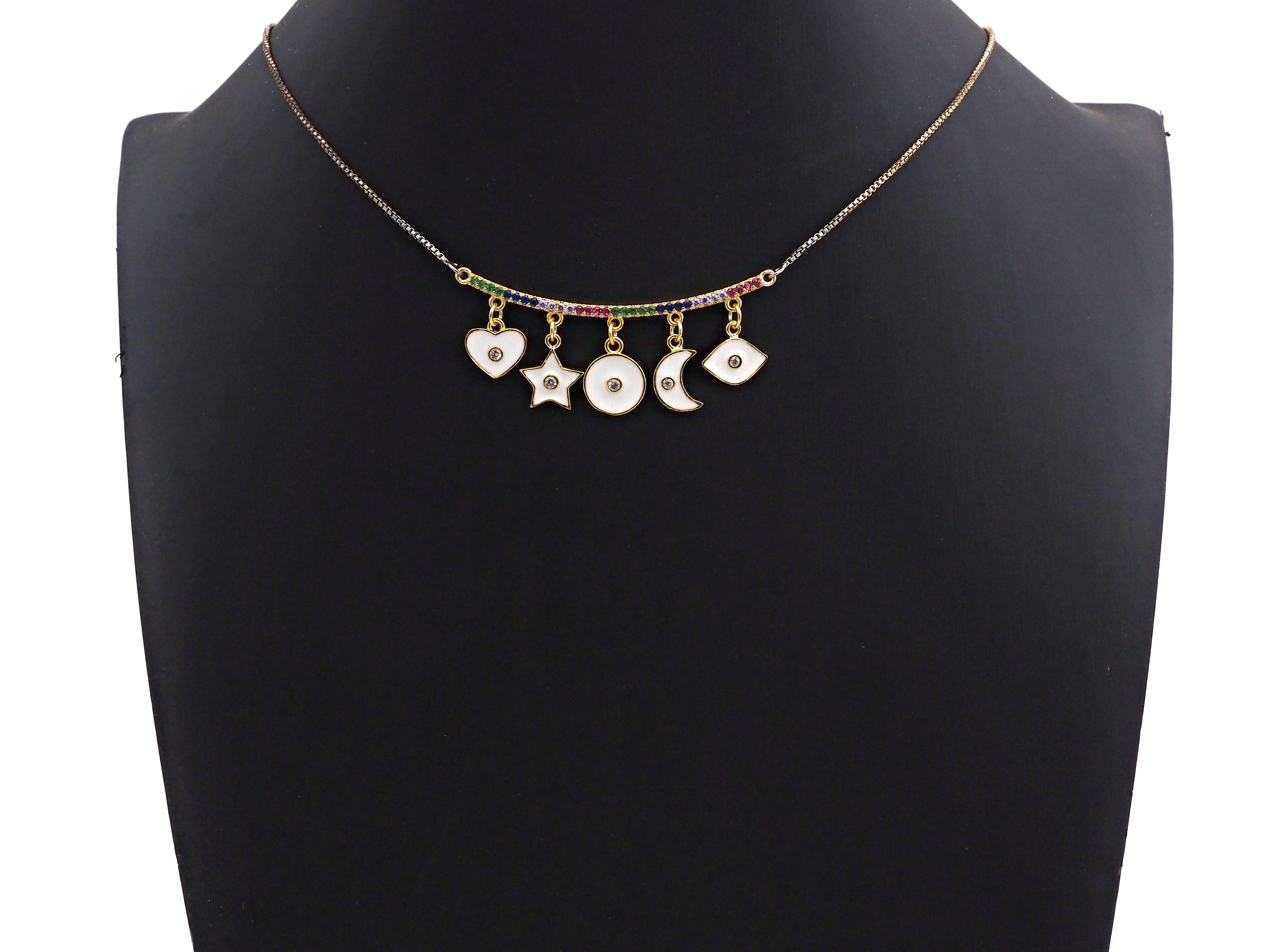 CZ Micro Pave Enamel Curved Bar with Dangle Heart Star Moon Pendant/Charm,SKU#F1133C