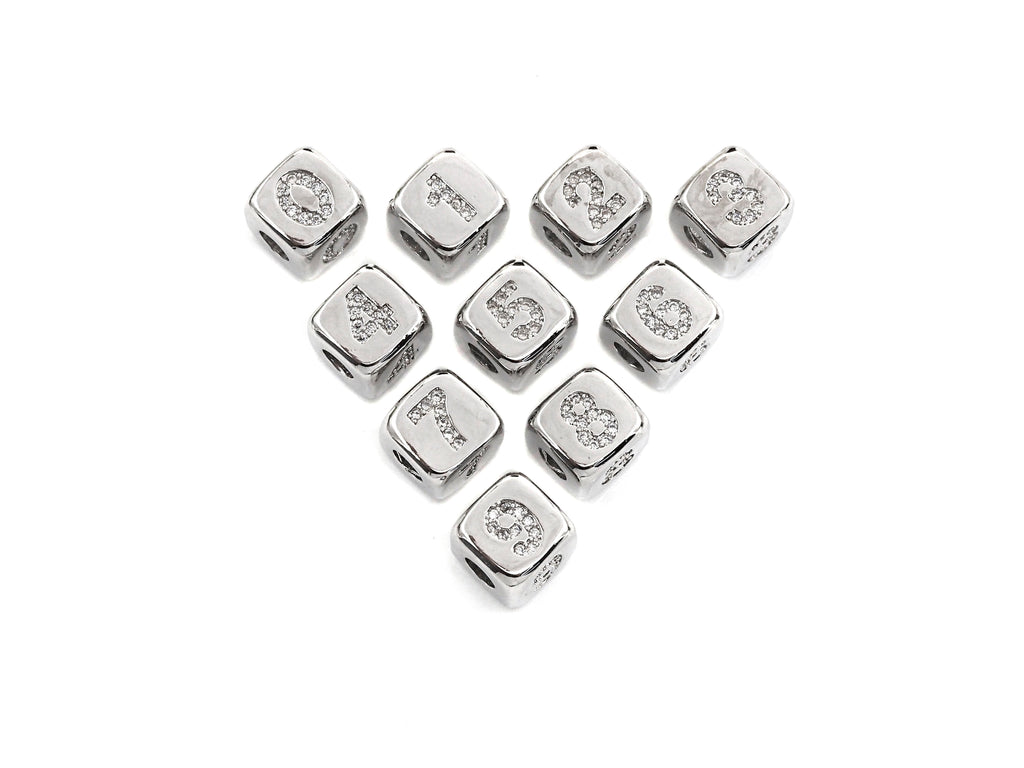 Arabic Number Beads, CZ Pave Dice Large Hole Spacer Beads, Birthday Beads, Initial beads, Number Beads, 8.5mm,sku#Z721/722