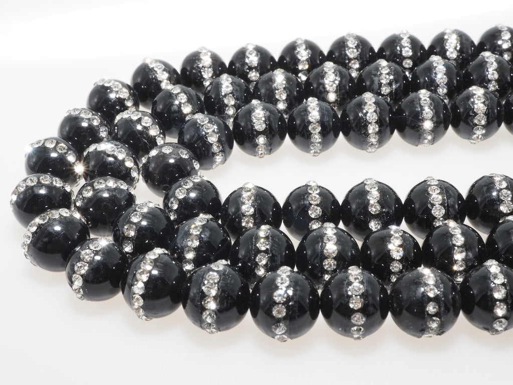 6mm/8mm/10mm/12mm Round Black Onyx with rhinestone inlaid, Natural Gemstone Beads, 15.5inch Full strand, SKU#V18