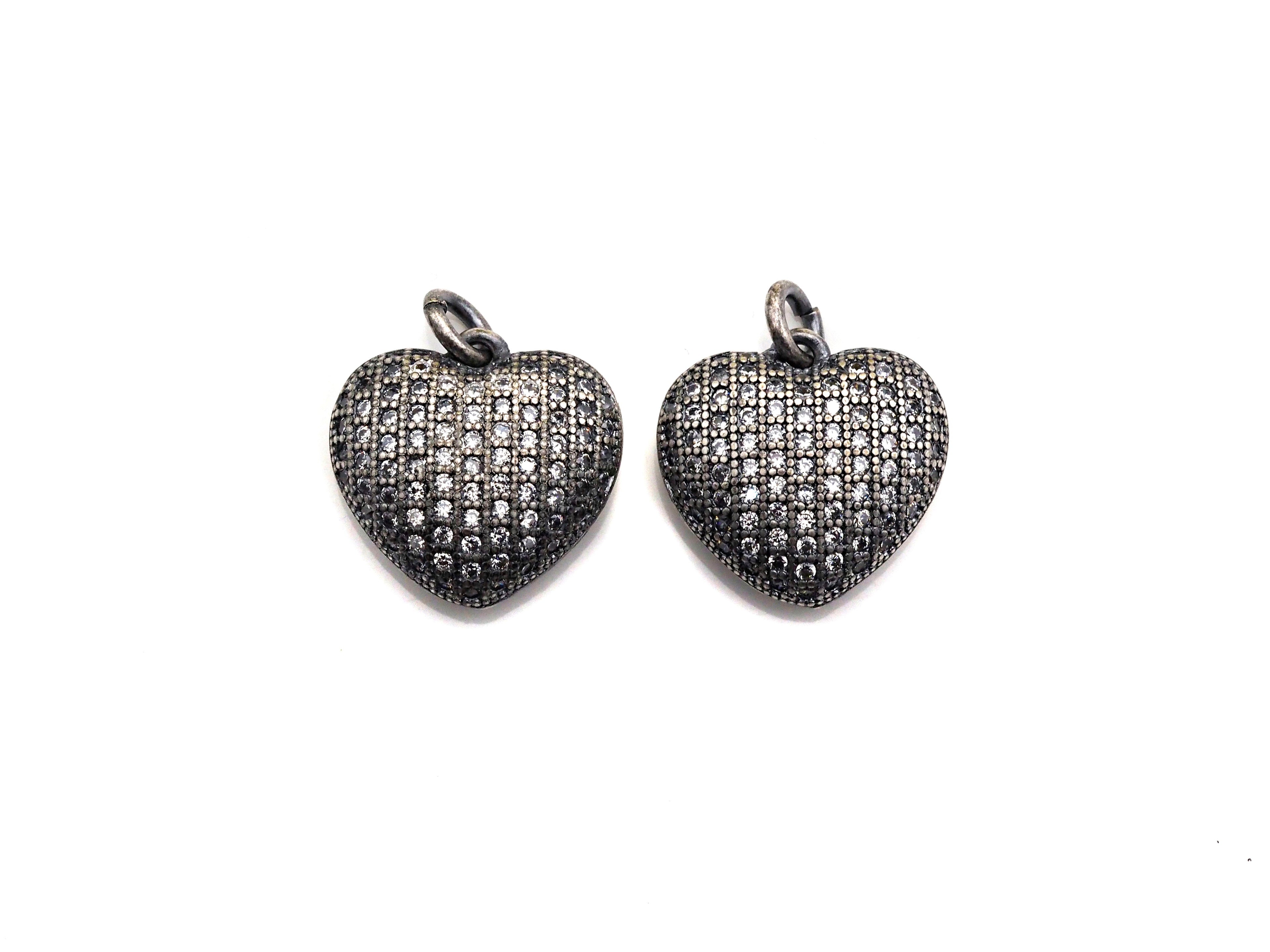Rhodium CZ Micro Pave Heart Shape Pendant, Antique Silver Tone, Cubic Zirconia Pave Heart Pendant, 15mm,sku#X127