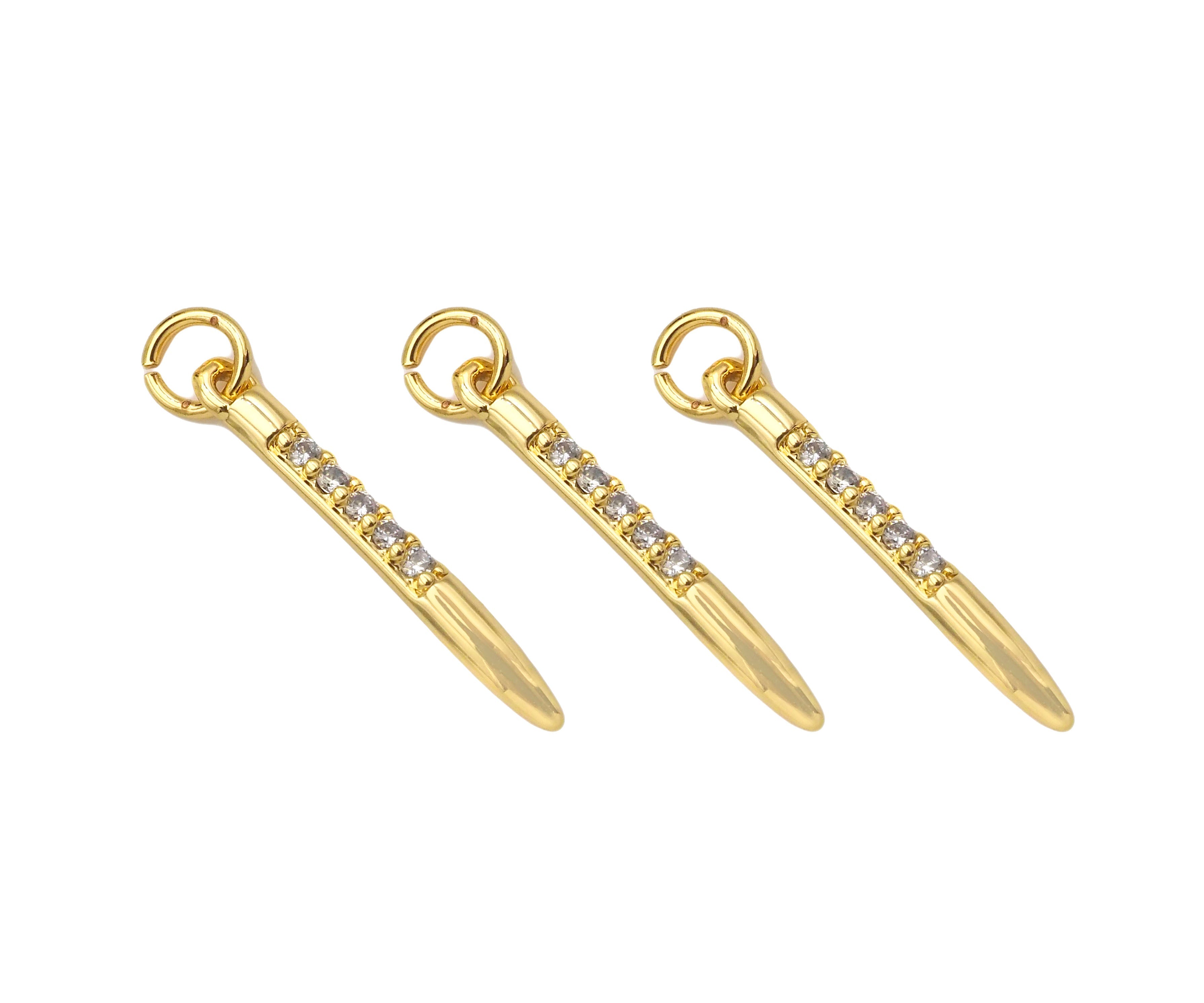 CZ Micro Pave Needle Shape Pendant, 18K Gold Charm, Necklace Bracelet Charm Pendant,2x18mm,Sku#FH161