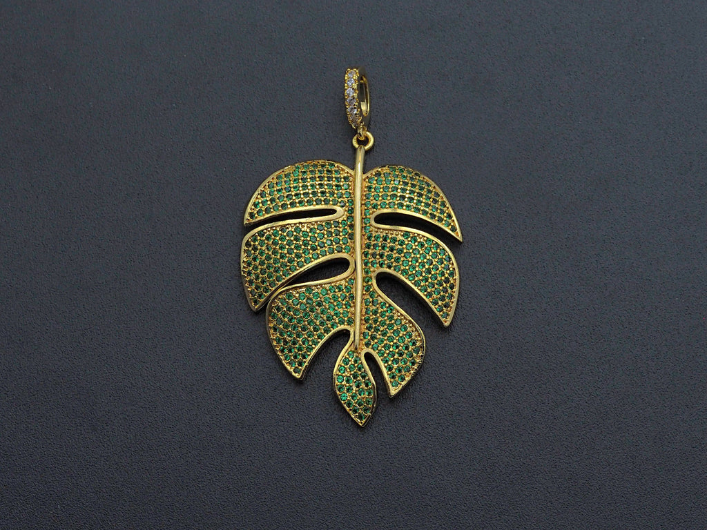 Green CZ Micro Pave Large Leaf  Pendant/Charm, Leaf Cubic Zirconia Pendant, 31x42mm,Sku#F1071