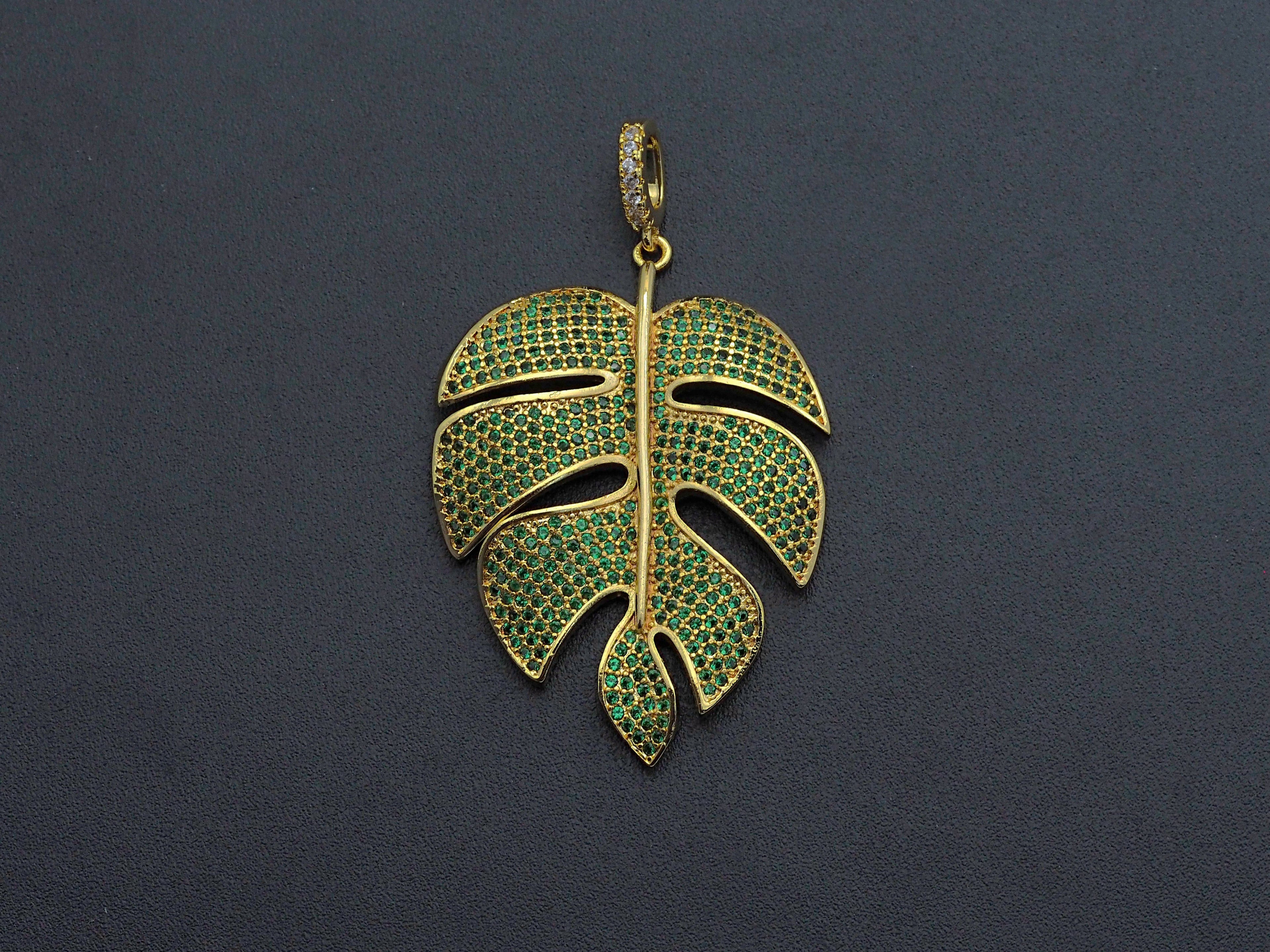 Green CZ Micro Pave Large Leaf  Pendant/Charm, Leaf Cubic Zirconia Pendant, 31x42mm,Sku#F1071