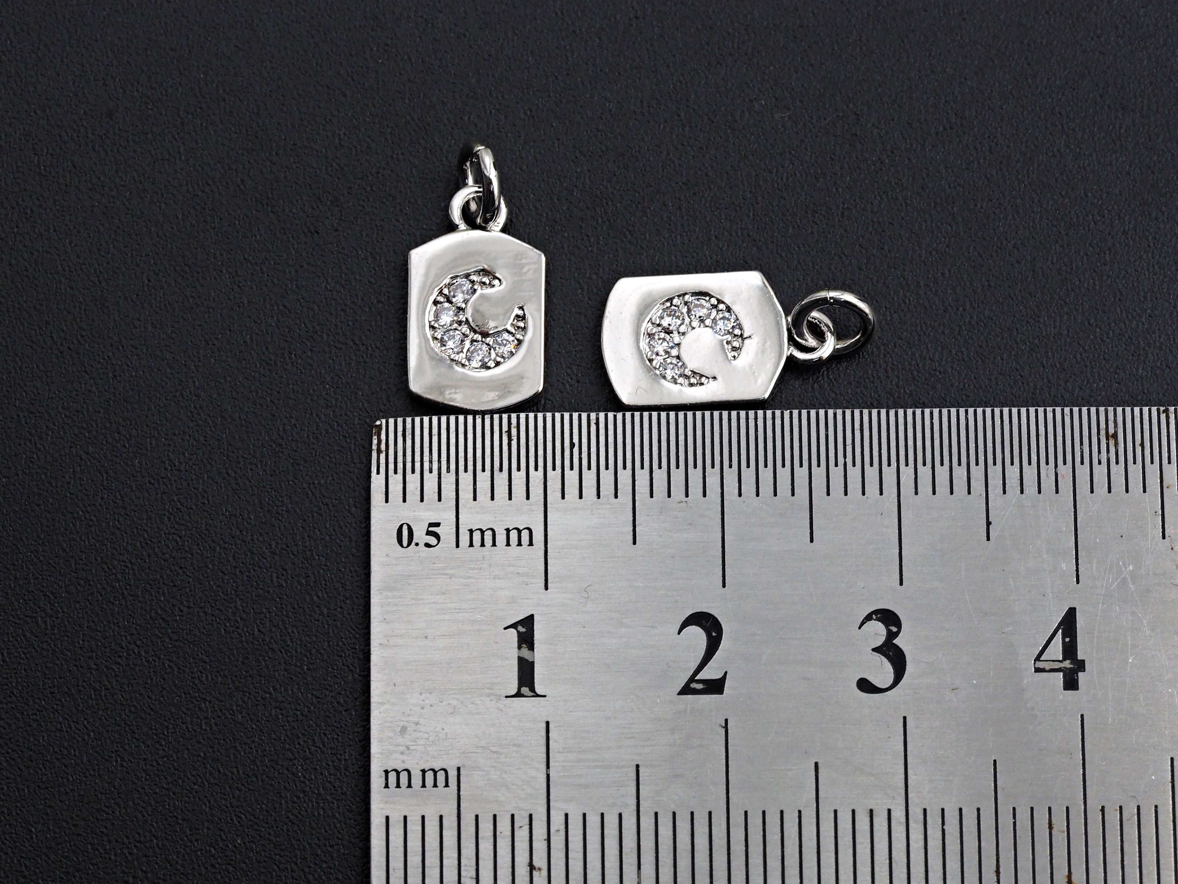 Clear CZ Micro Pave Moon Tag Pendant/Charm, Cresent Moon Cubic Zirconia Pendant, Silver Tone, 8x14mm,Sku#Z799