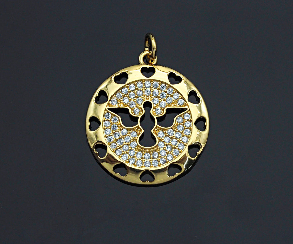 Clear CZ Hollow Out Bird Heart Round Coin Charm Pendant, Sku#F1167