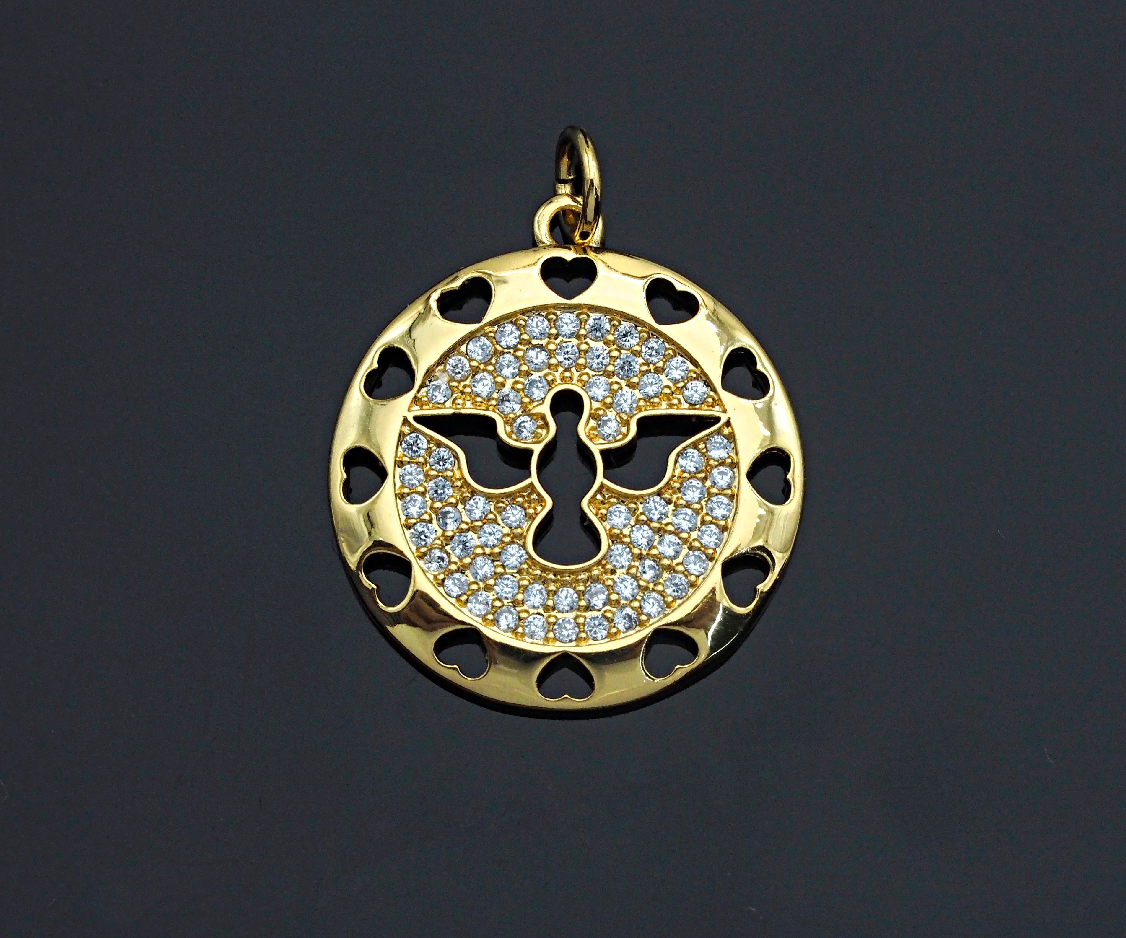 Clear CZ Hollow Out Bird Heart Round Coin Charm Pendant, Sku#F1167