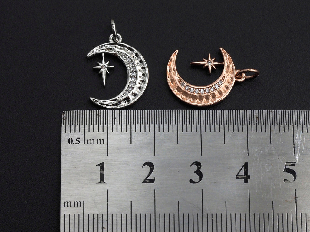 CZ Micro Pave Moon with North Star Pendant, Cubic Zirconia Pave Pendant/Charm, Necklace Pave Pendant, 13x17mm, sku#Z829