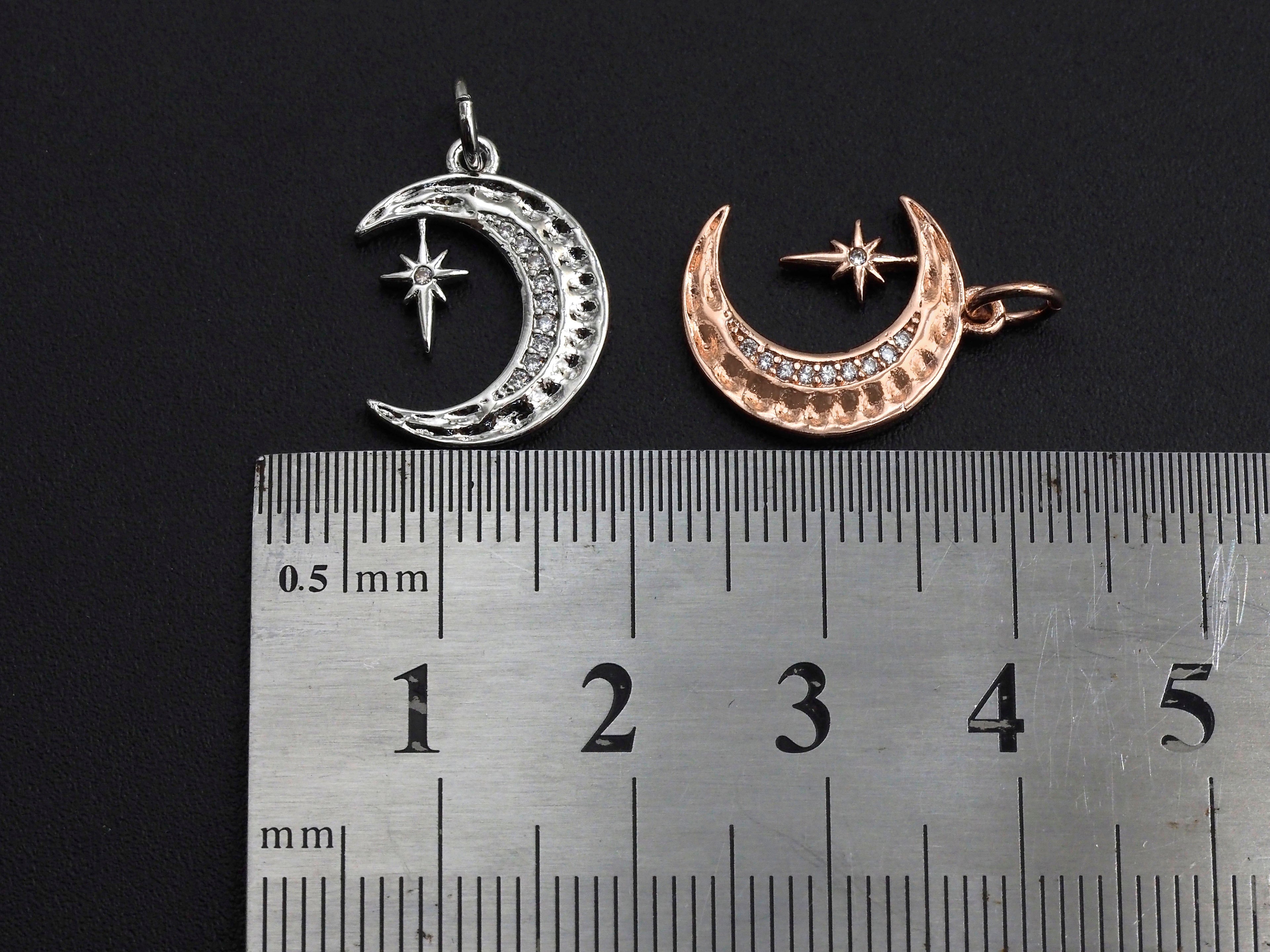 CZ Micro Pave Moon with North Star Pendant, Cubic Zirconia Pave Pendant/Charm, Necklace Pave Pendant, 13x17mm, sku#Z829