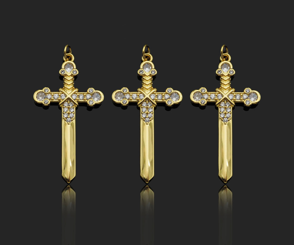 Gold Filled CZ Micro Pave Cross Sword Shape Pendant, 18K Gold Filled Cross Charm, Necklace Bracelet Charm Pendant, 40x21mm,Sku#Y459