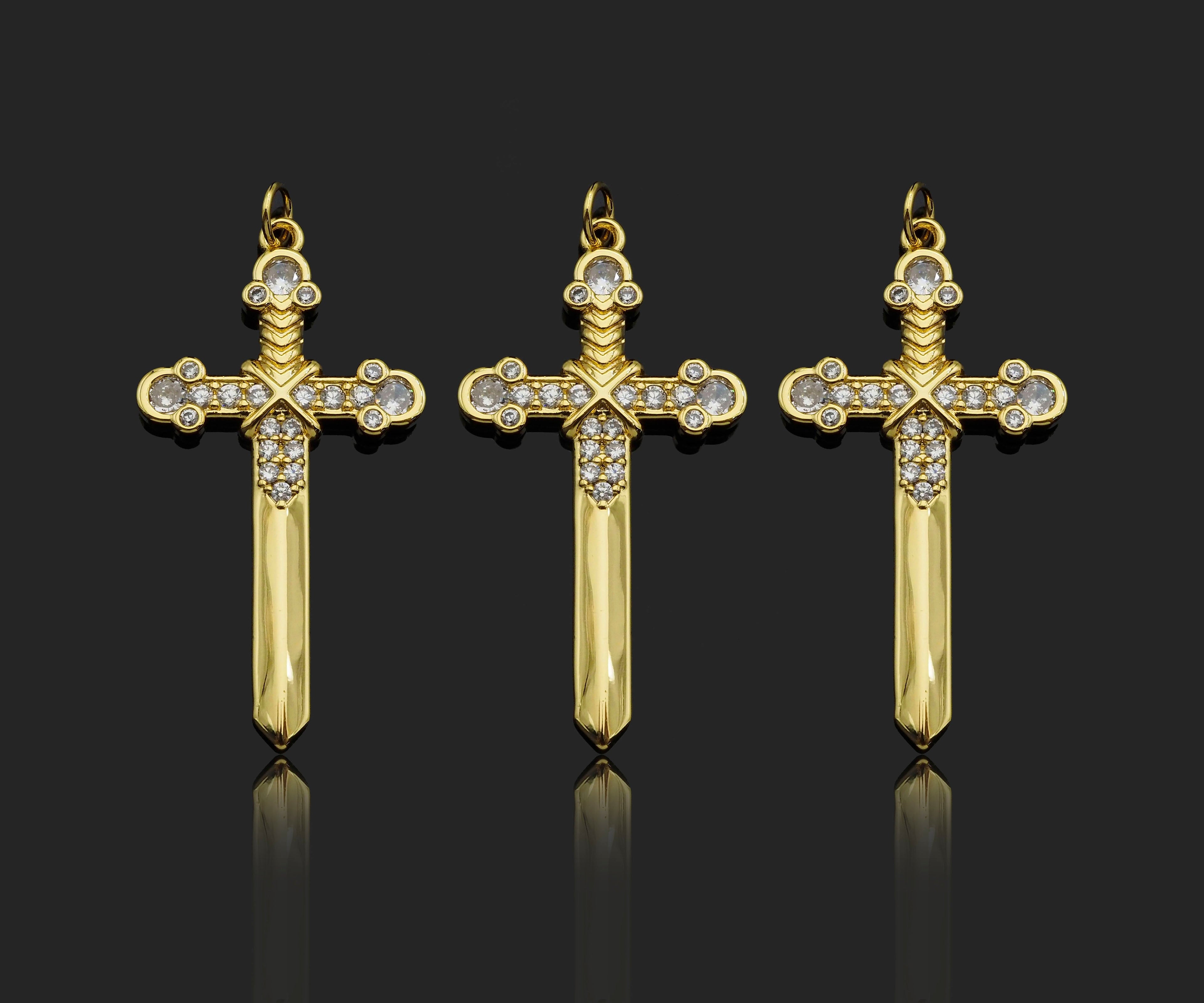 Gold Filled CZ Micro Pave Cross Sword Shape Pendant, 18K Gold Filled Cross Charm, Necklace Bracelet Charm Pendant, 40x21mm,Sku#Y459