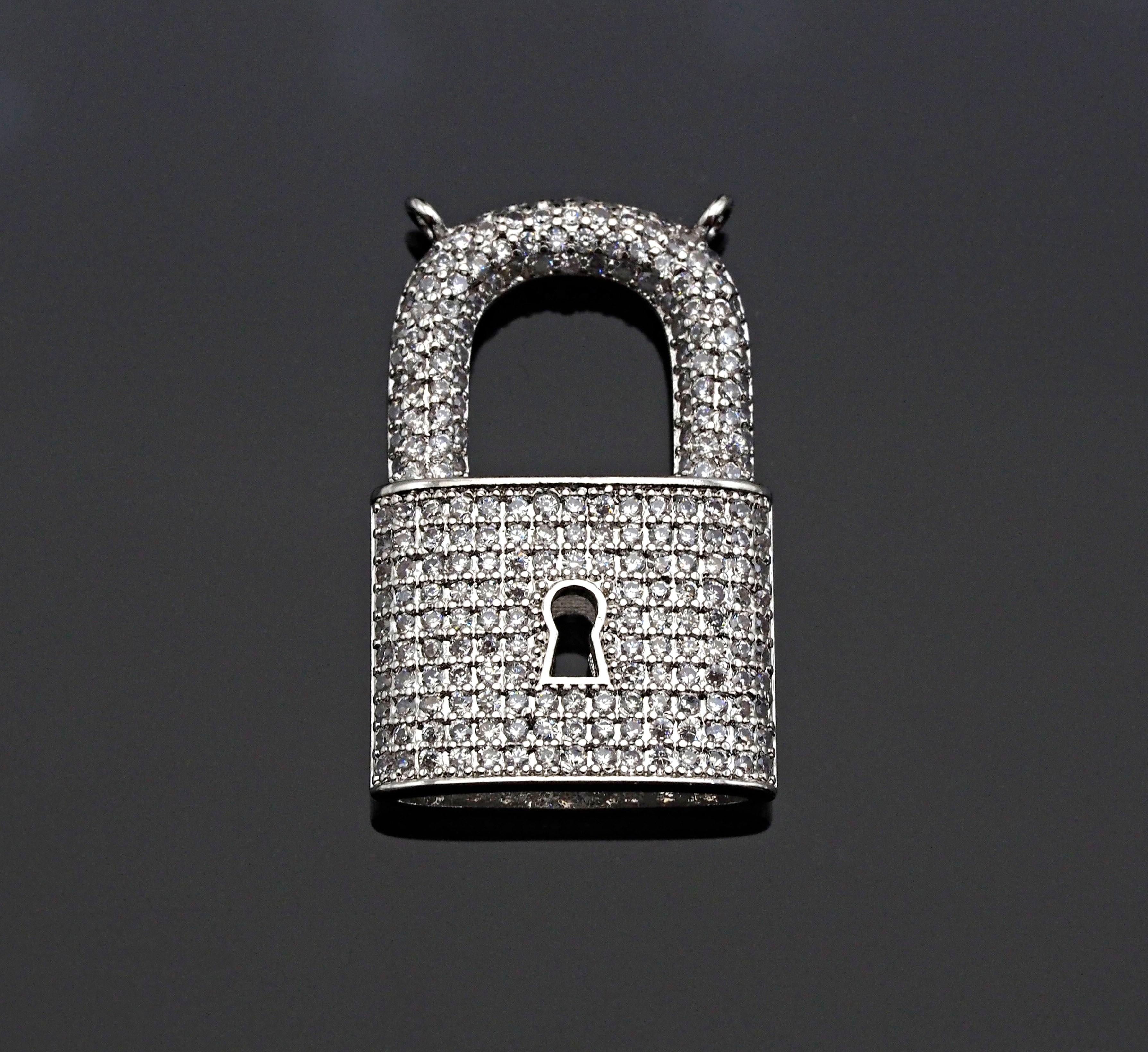 CZ Micro Pave Lock Shape Pendant, Dainty Gold Silver Lock Charm,Necklace Bracelet Charm Pendant, 16x26mm,Sku#F1256