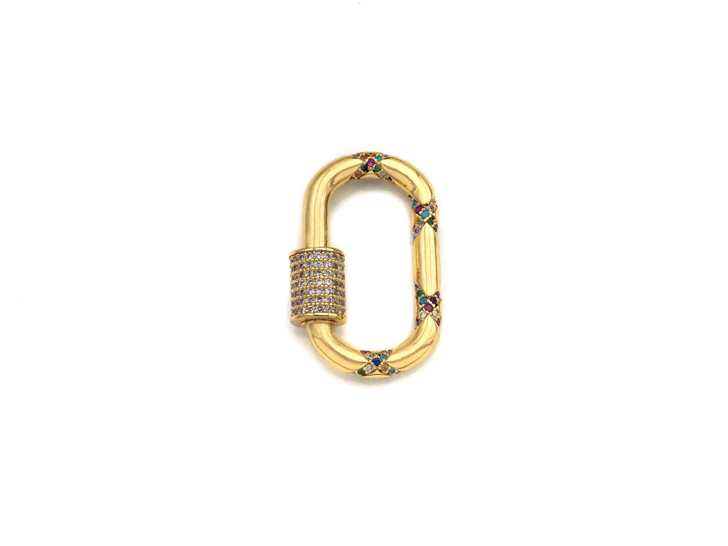 Gold Micro Pave Oval Clasp with Colorful CZ Cross Patten, Oval Lock, CZ Pave carabiner Clasp, 19X30mm, sku#H266